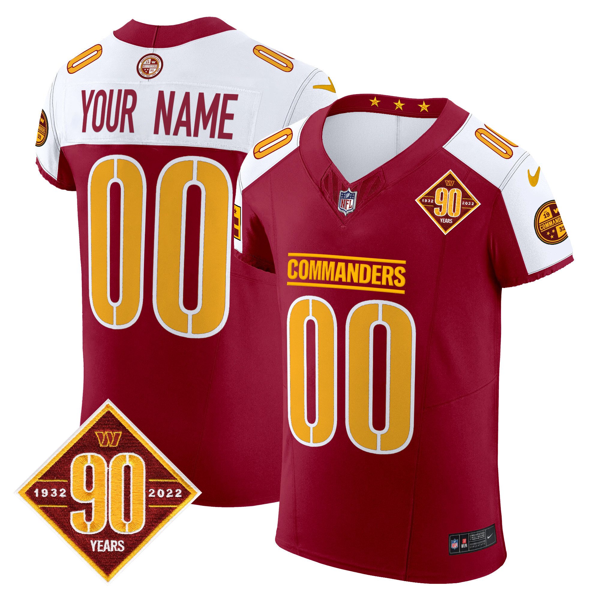 Men's Washington Commanders 90th Anniversary Patch Vapor Elite Custom Burgundy Alternate Jersey - All Stitched