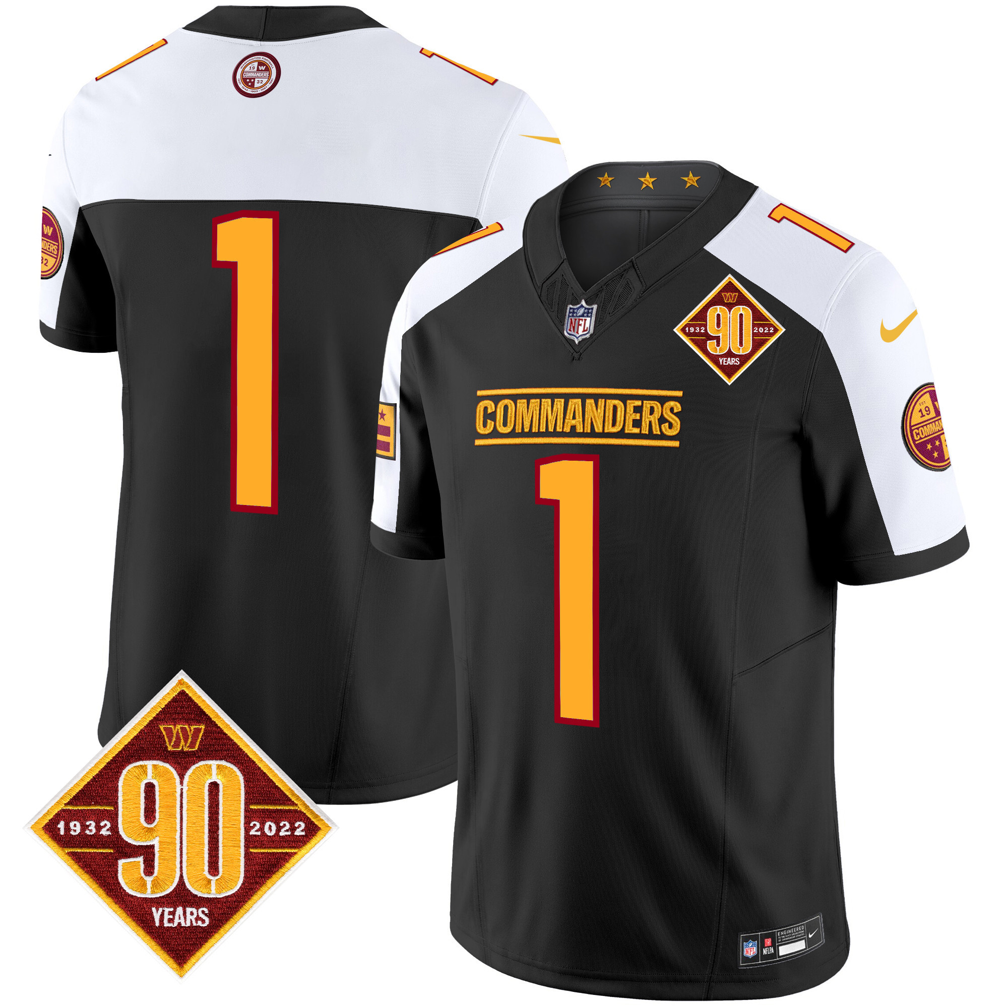 Men's #1 Team Washington Commanders 90th Anniversary Patch Vapor Limited Black Alternate Jersey - All Stitched