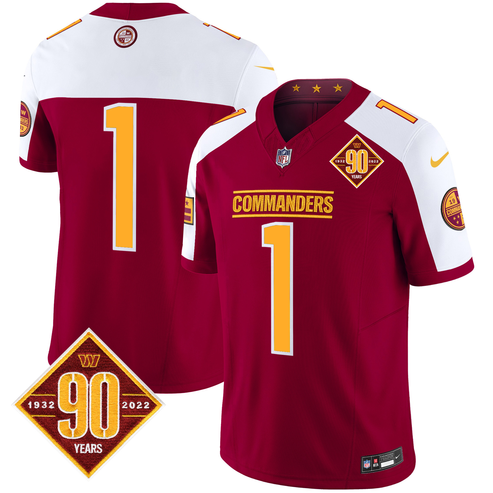 Men's Washington Commanders 90th Anniversary Patch Vapor Limited  Burgundy Alternate Jersey - All Stitched