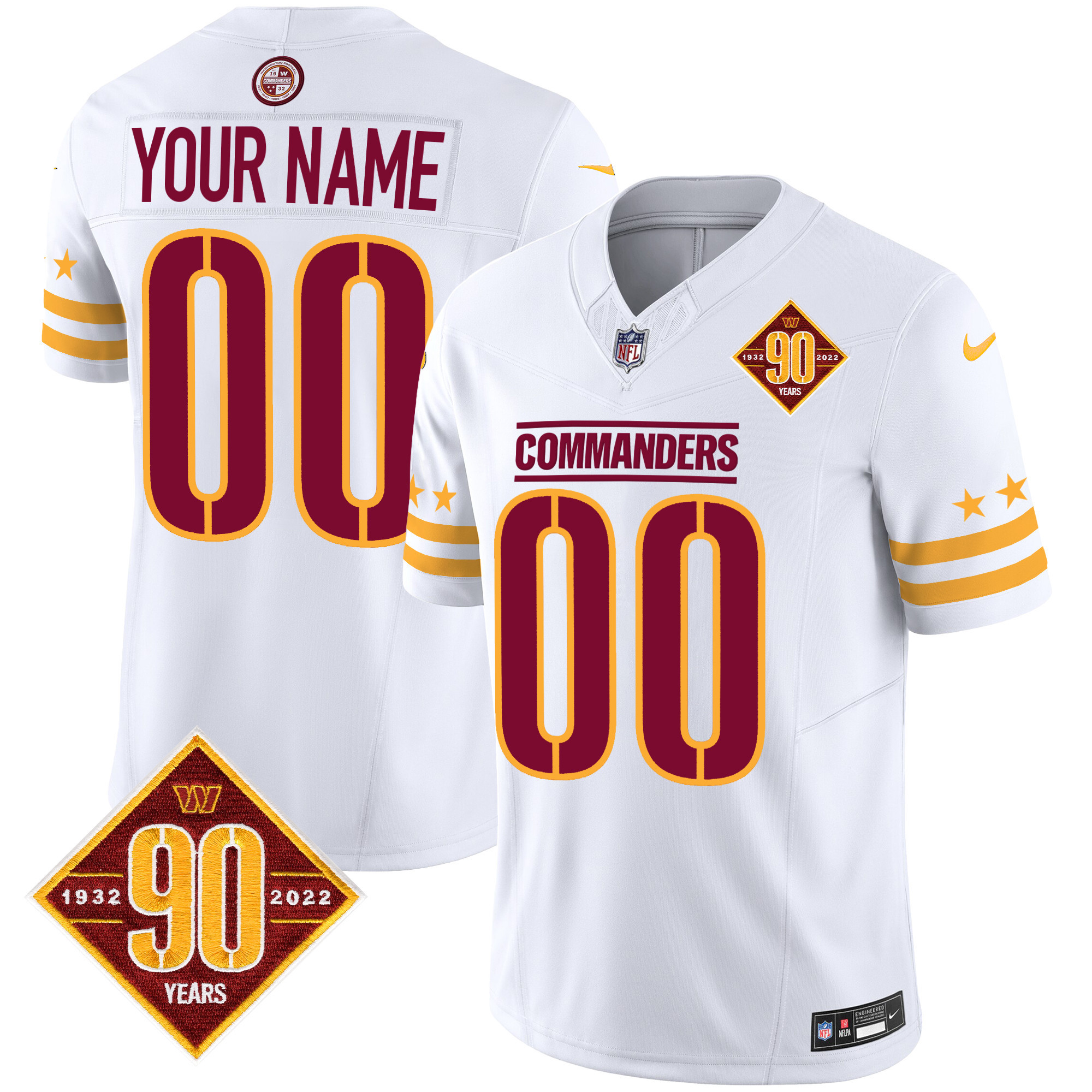 Men's Washington Commanders 90th Anniversary Patch Vapor Limited Custom White Jersey - All Stitched