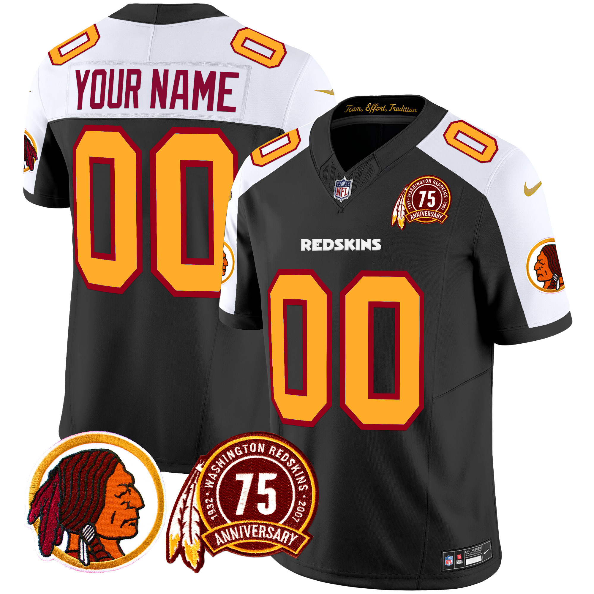 Men's Washington Redskins 75th Patch Throwback Vapor Limited Custom Black Alternate Jersey - All Stitched