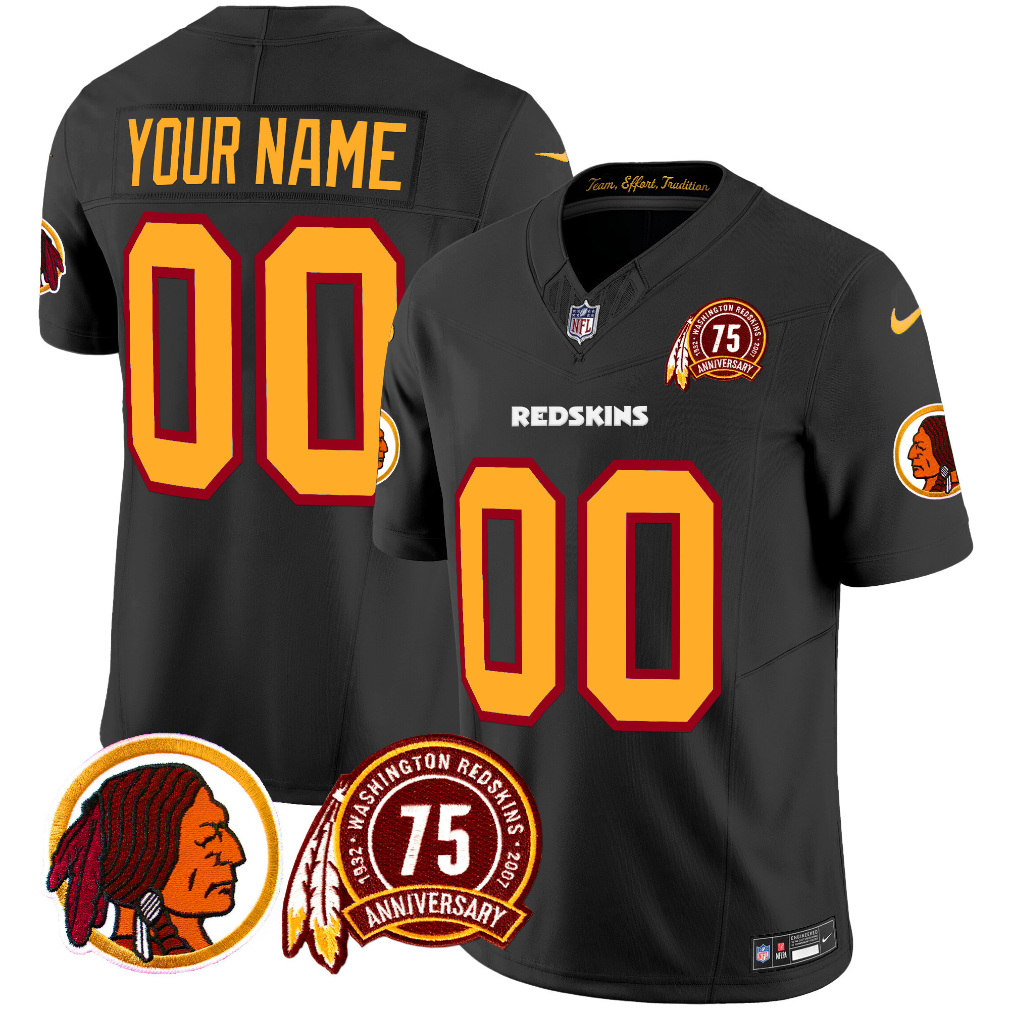 Men's Washington Redskins 75th Patch Throwback Vapor Limited Custom Black Jersey - All Stitched