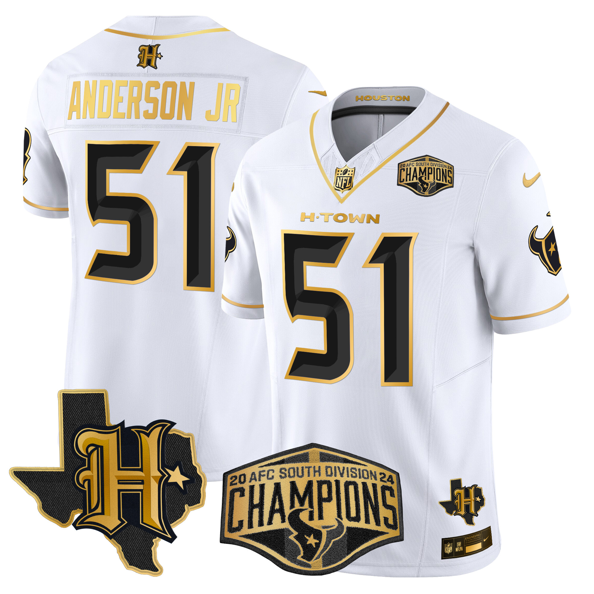 Men's Will Anderson Jr. Houston Texans 2024 AFC South Division Champions Patch Gold Vapor Limited White Gold Jersey - All Stitched
