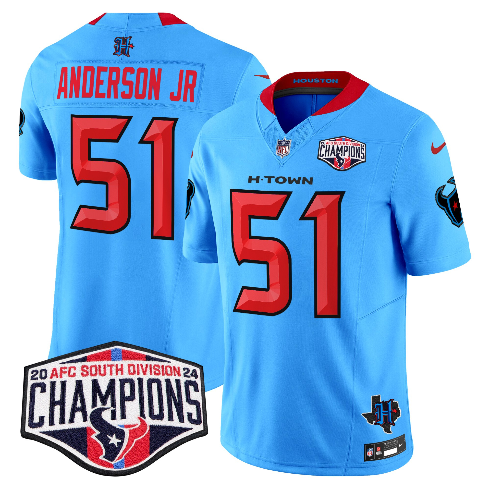 Men's Will Anderson Jr. Houston Texans 2024 AFC South Division Champions Patch Vapor Limited Blue. Jersey - All Stitched