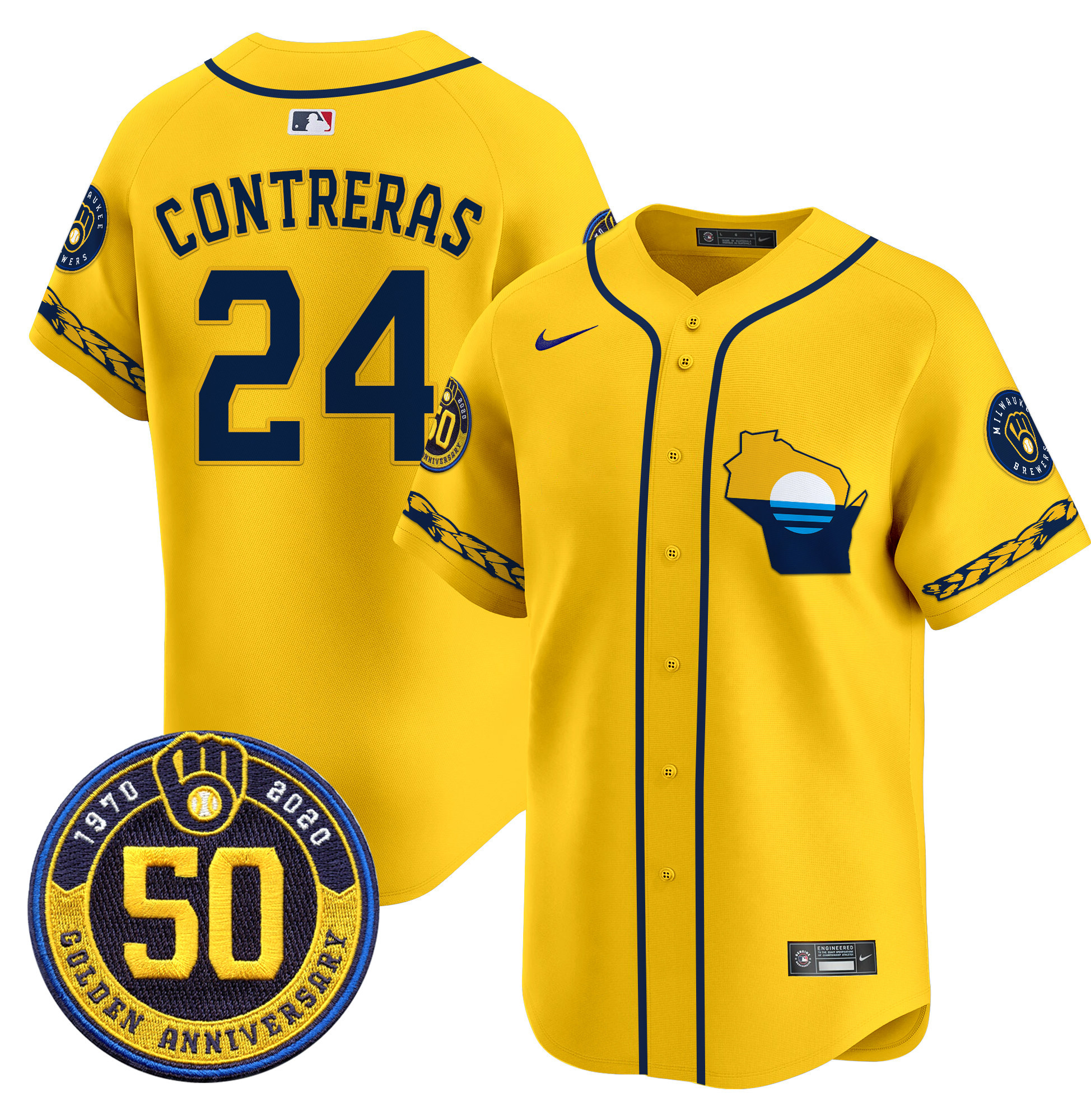 Men's William Contreras Milwaukee Brewers Golden 50th Anniversary Patch Vapor Premier Limited Gold Jersey - All Stitched