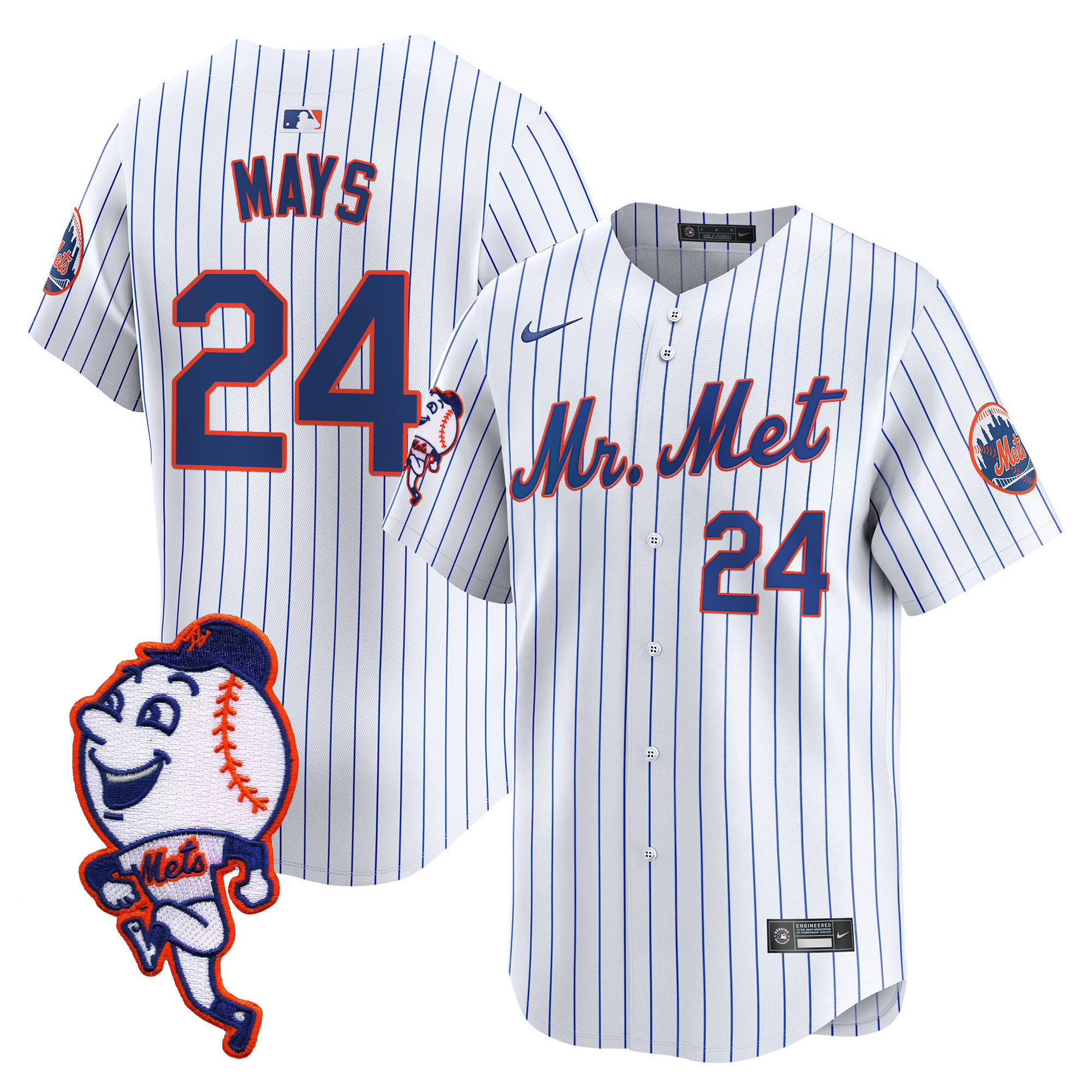 Men's Willie Mays New York Mets Mr. Met Patch Vapor Premier Limited White Jersey - All Stitched