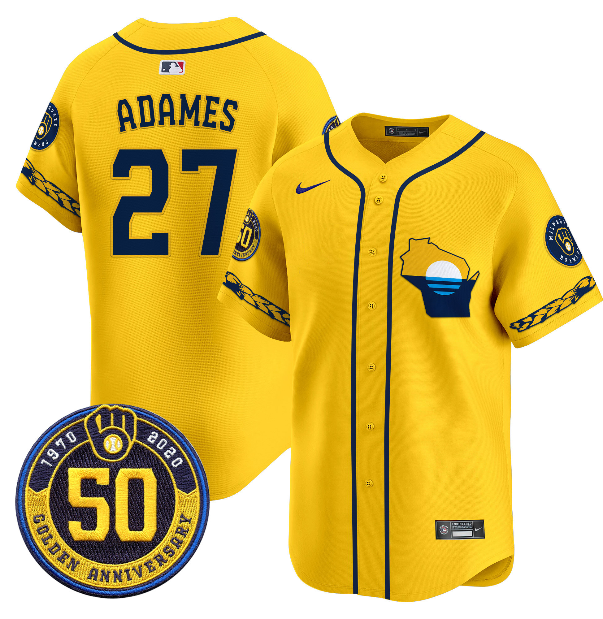 Men's Willy Adames Milwaukee Brewers Golden 50th Anniversary Patch Vapor Premier Limited Gold Jersey - All Stitched