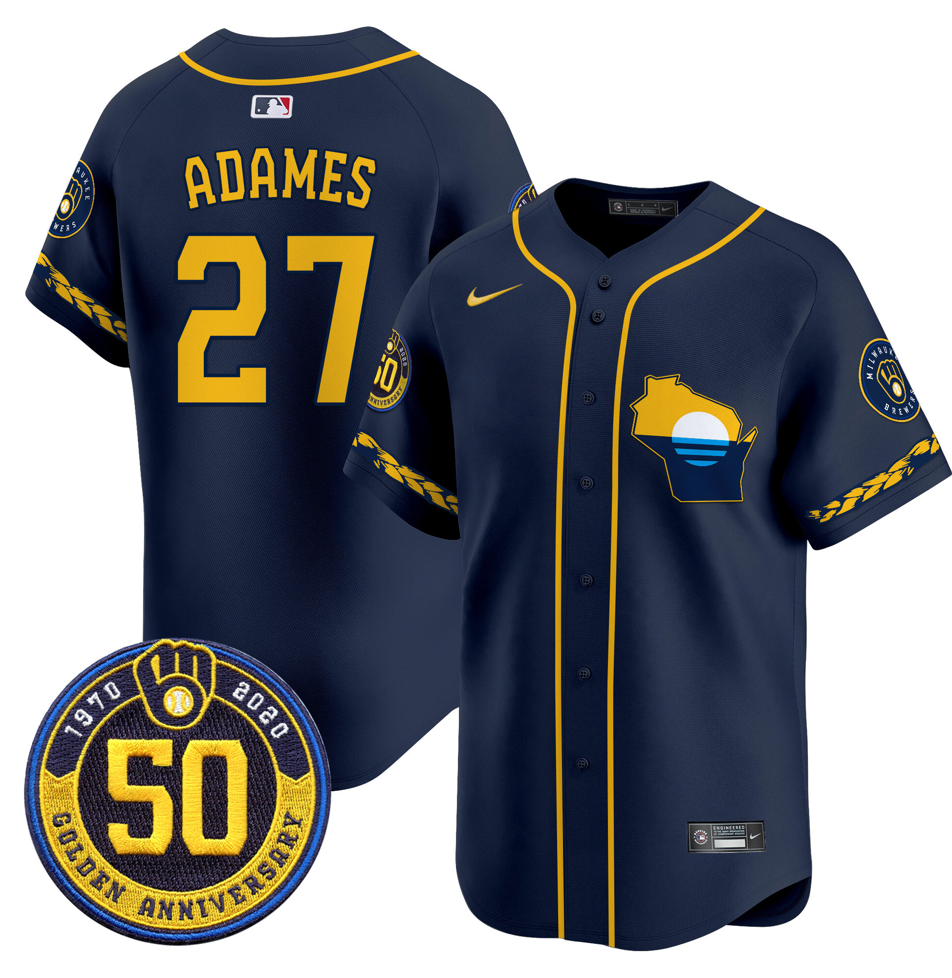 Men's Willy Adames Milwaukee Brewers Golden 50th Anniversary Patch Vapor Premier Limited Navy Jersey - All Stitched