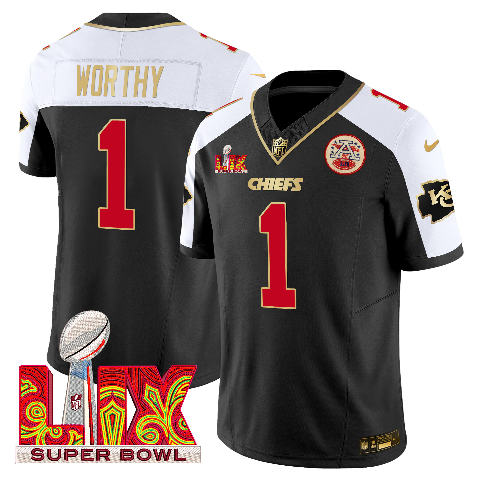 Men's Xavier Worthy Kansas City Chiefs Super Bowl LIX Patch Gold Trim Vapor Limited Black Alternate Jersey - All Stitched