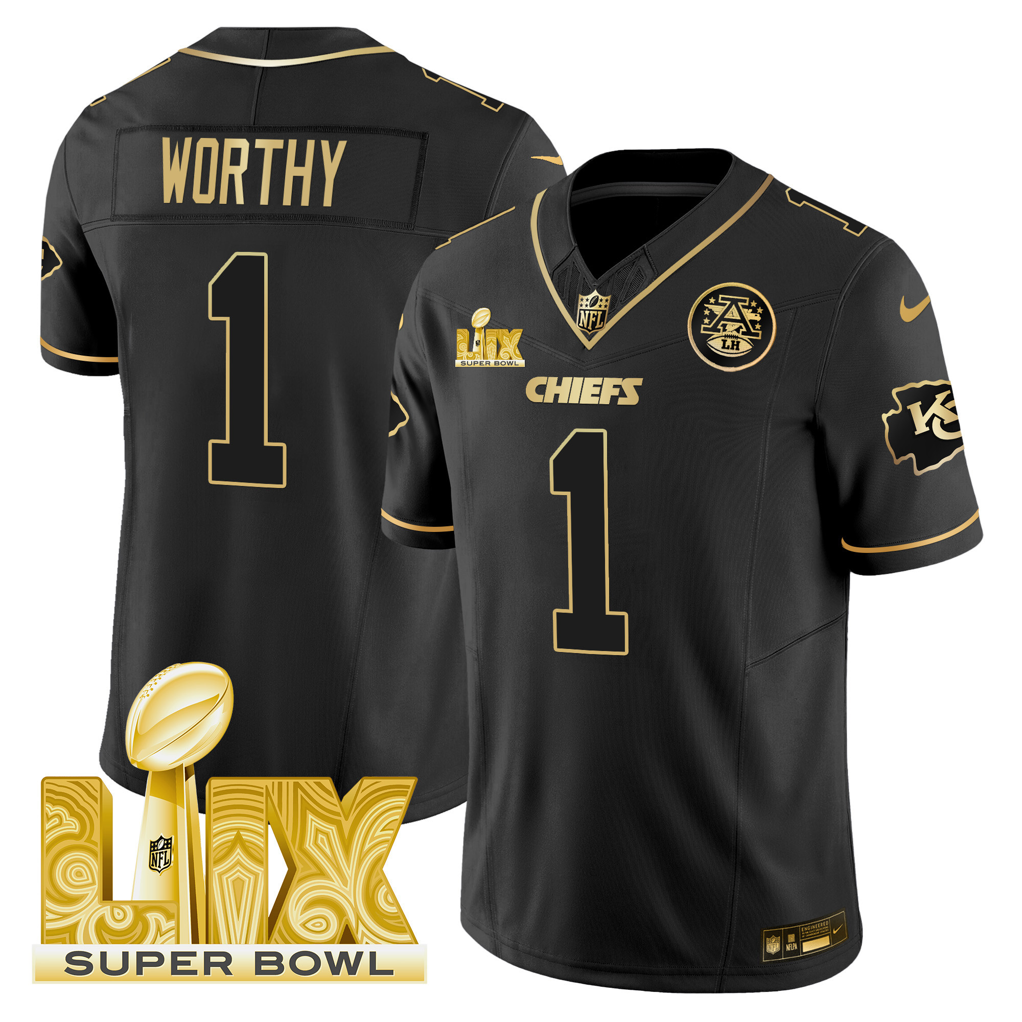 Men's Xavier Worthy Kansas City Chiefs Super Bowl LIX Patch Gold Vapor Limited Black Gold Jersey - All Stitched