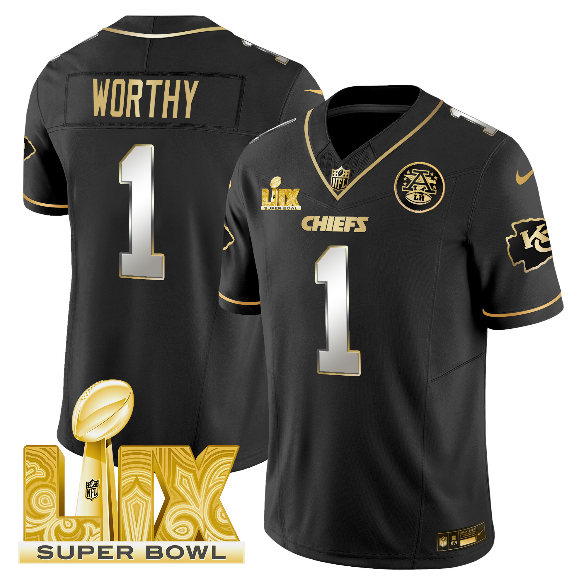 Men's Xavier Worthy Kansas City Chiefs Super Bowl LIX Patch Gold Vapor Limited Black Limited Jersey - All Stitched