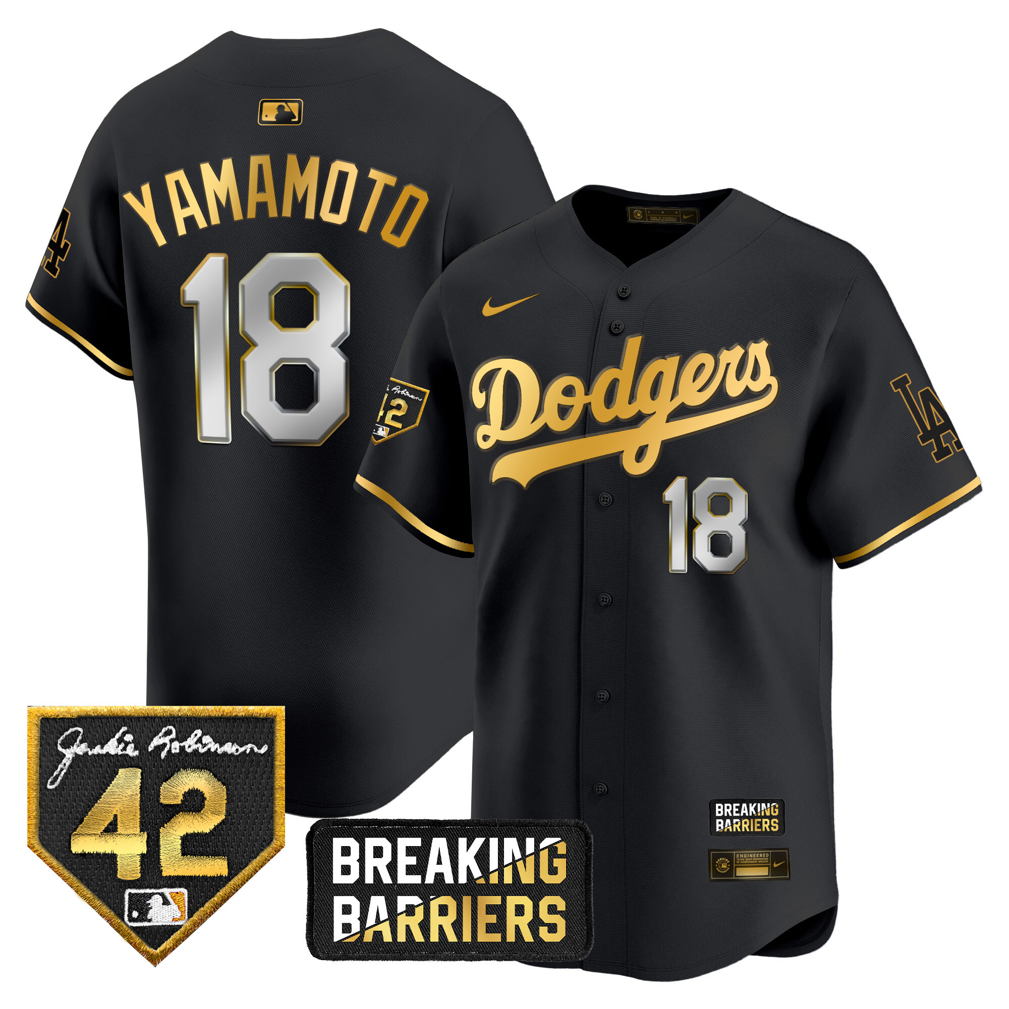Men's Yamamoto Los Angeles Dodgers Jackie Robinson Breaking Barriers Patch Vapor Premier Limited Black Gold Jersey - All Stitched