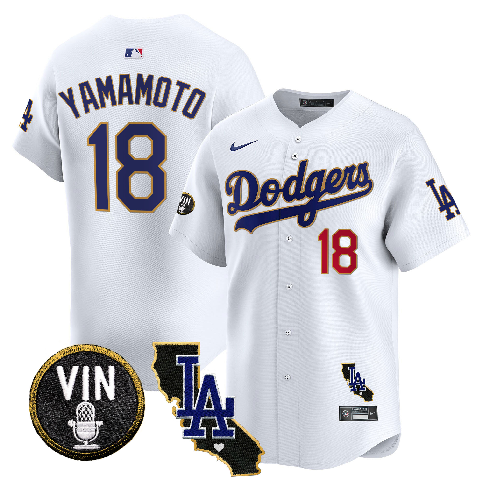 Men's Yamamoto Los Angeles Dodgers Vin & California Patch Gold Trim Vapor Premier Limited White Jersey - All Stitched