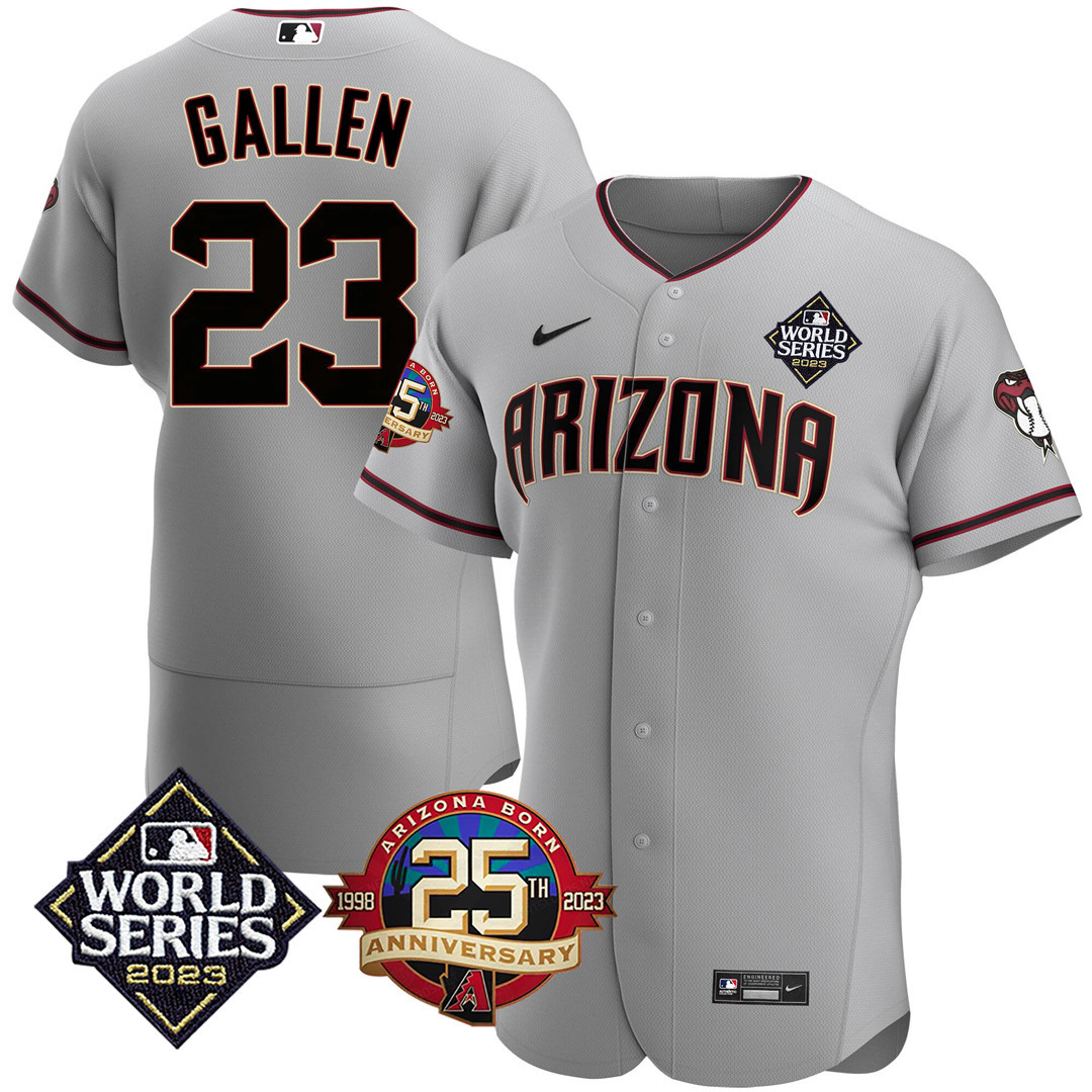 Men's Zac Gallen Arizona Diamondbacks Jersey 2023 World Series & 25Th Anniversary Patch Jersey - All Stitched - Grey