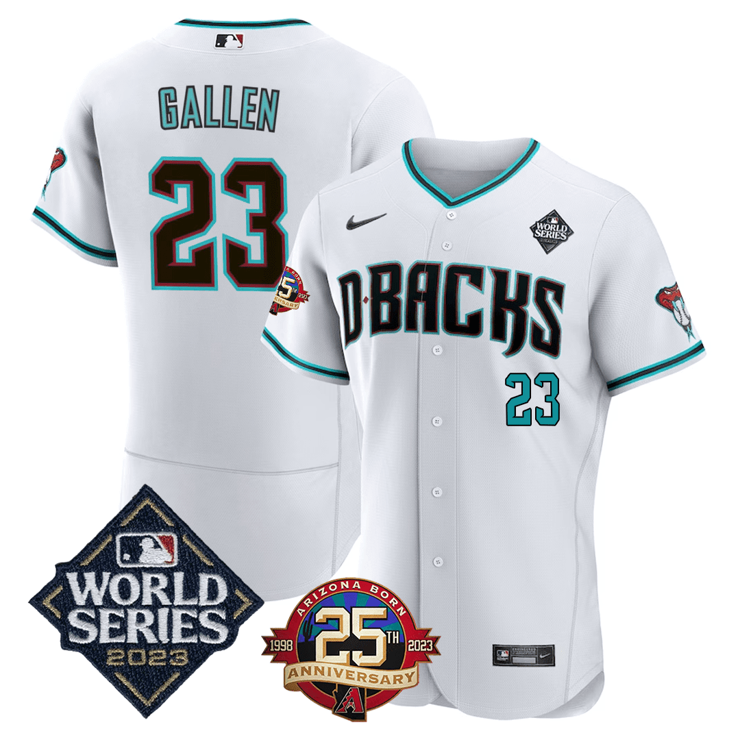 Men's Zac Gallen Arizona Diamondbacks Jersey 2023 World Series & 25Th Anniversary Patch Jersey - All Stitched - White