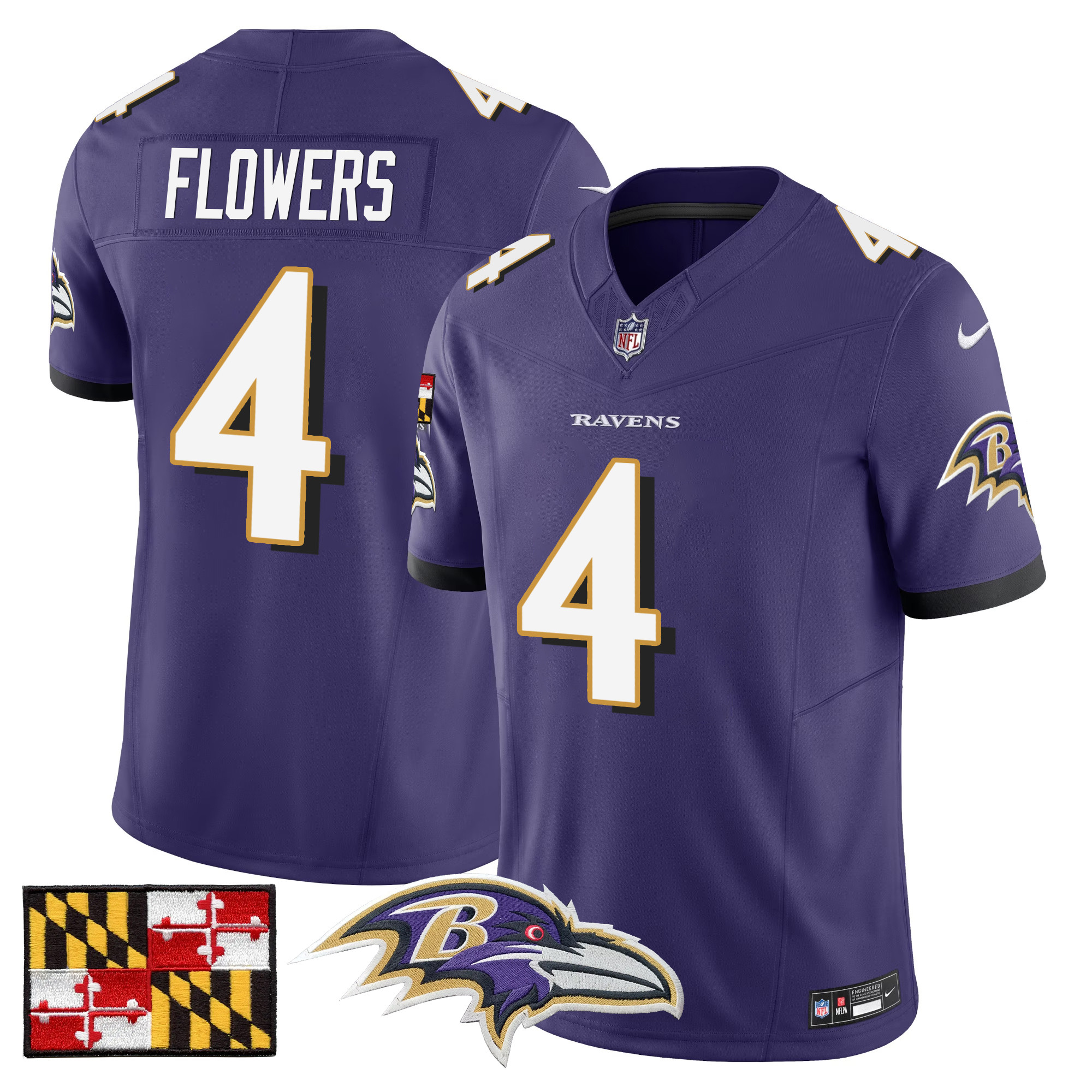 Men's Zay Flowers Baltimore Ravens 2024 Maryland Flag Vapor Limited Purple Jersey - All Stitched