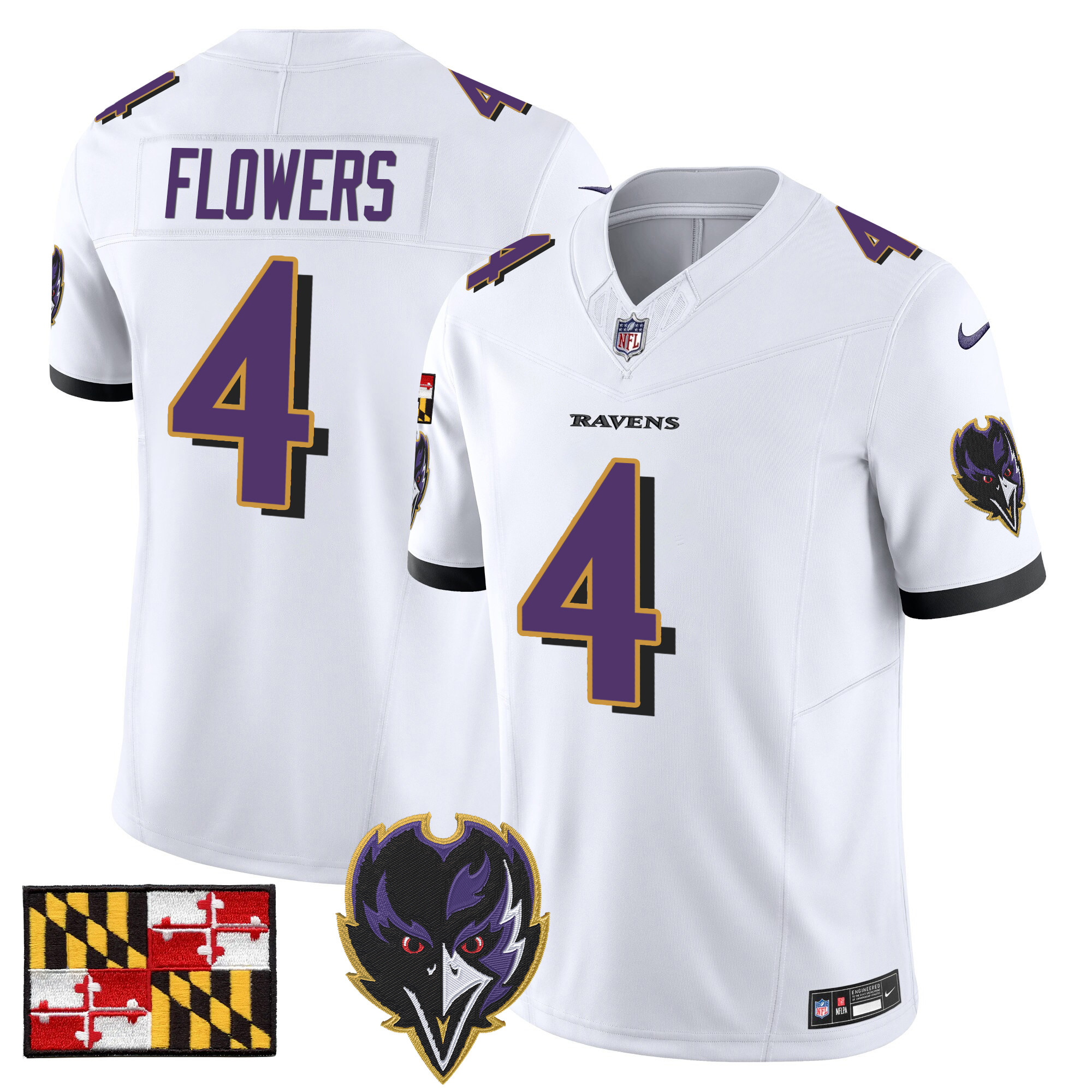 Men's Zay Flowers Baltimore Ravens 2024 Maryland Flag Vapor Limited White Jersey - All Stitched
