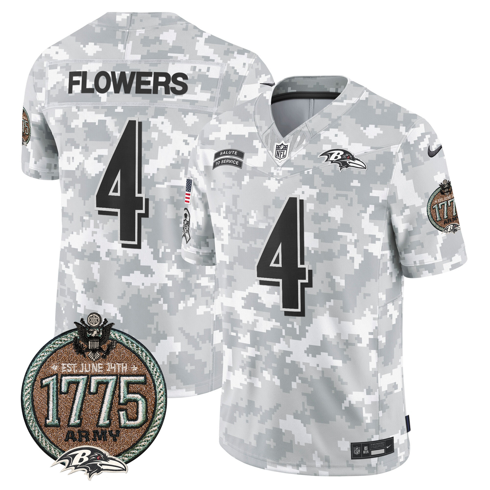 Men's Zay Flowers Baltimore Ravens 2024 Salute to Service Establishment Year Patch Vapor Limited Army Jersey - All Stitched