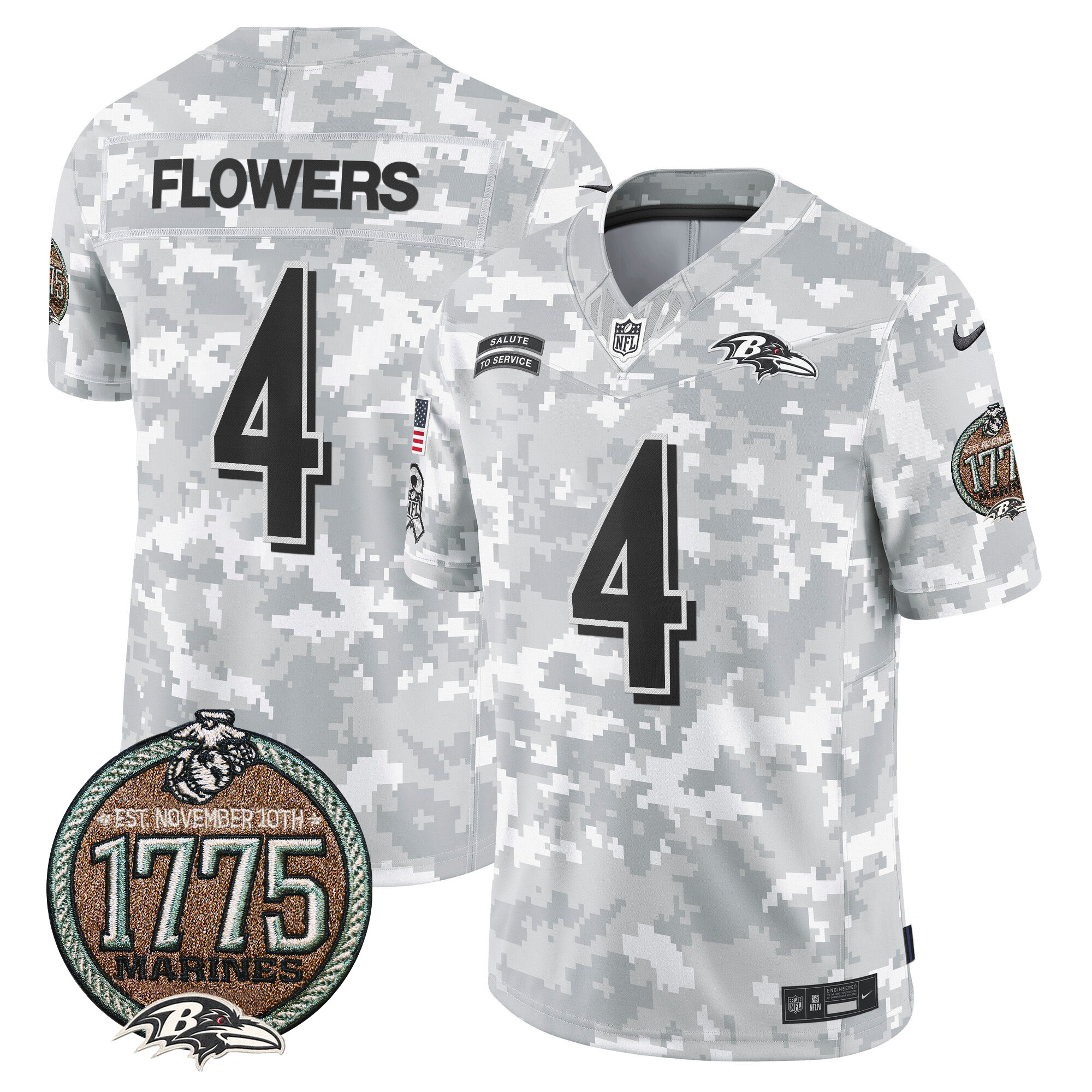 Men's Zay Flowers Baltimore Ravens 2024 Salute to Service Establishment Year Patch Vapor Limited Marines Jersey - All Stitched