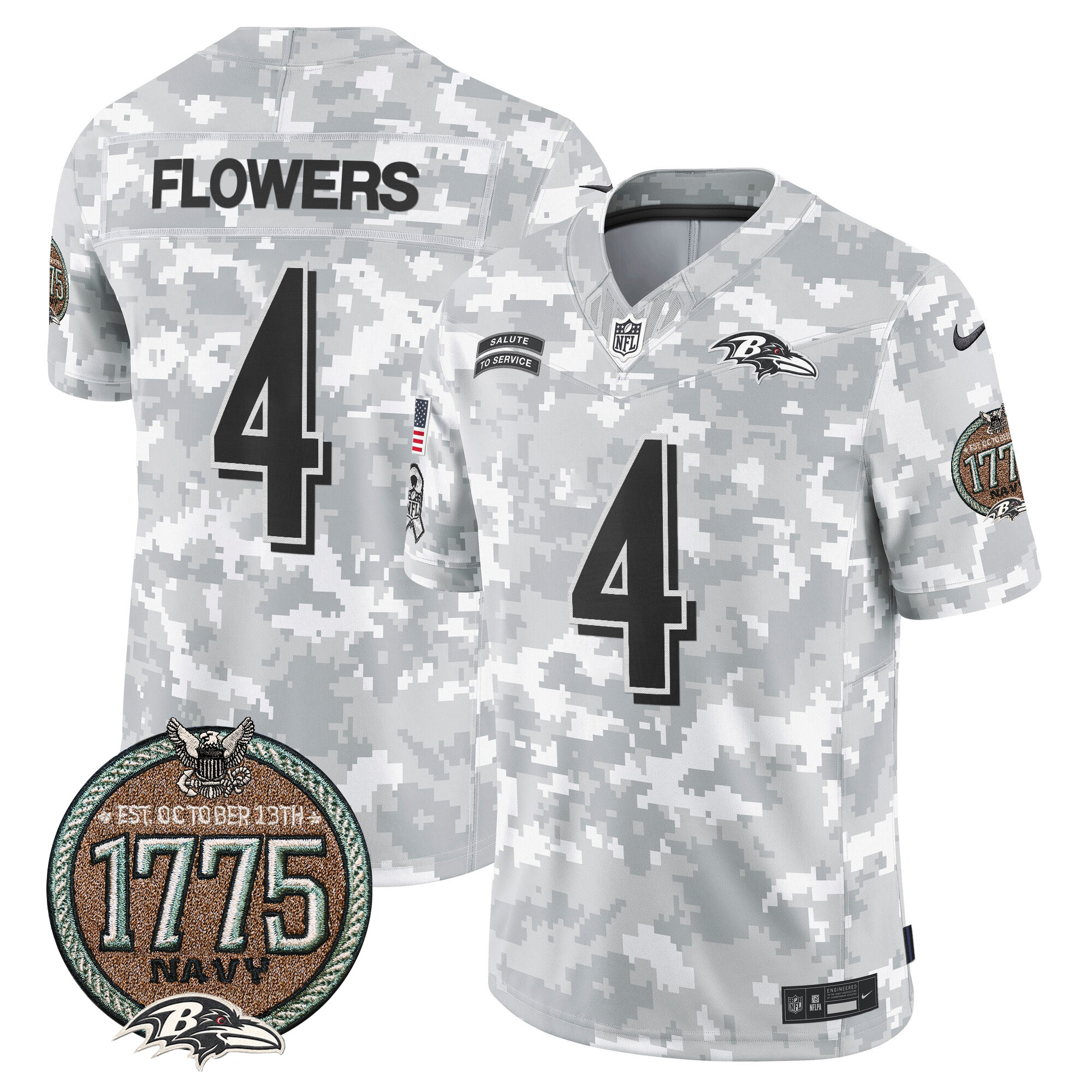 Men's Zay Flowers Baltimore Ravens 2024 Salute to Service Establishment Year Patch Vapor Limited Navy Jersey - All Stitched
