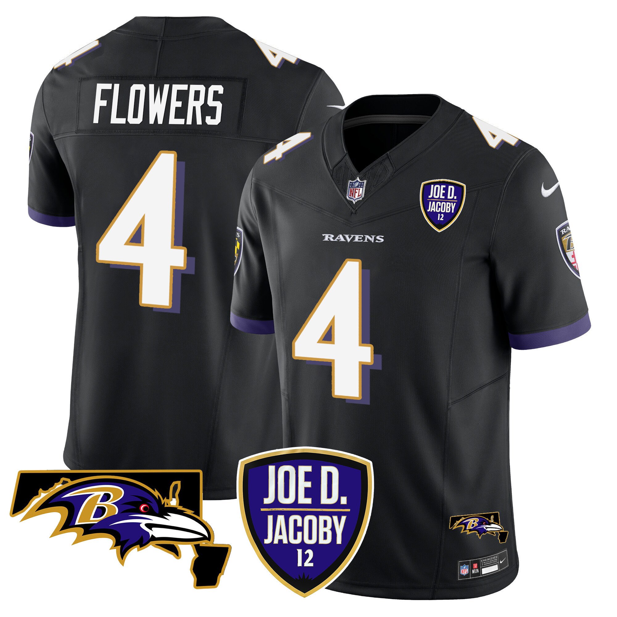 Men's Zay Flowers Baltimore Ravens Joe D & Jacoby Patch Vapor Limited Black Jersey - All Stitched