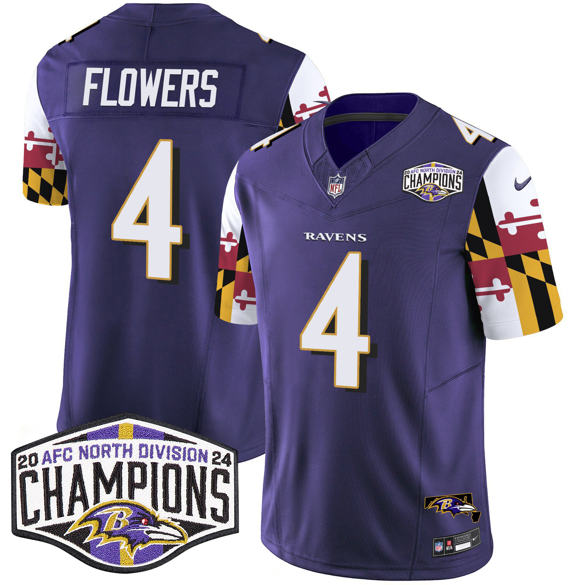 Men's Zay Flowers Baltimore Ravens Maryland Flag 2024 AFC North Division Champions Patch Vapor Limited Purple Jersey - All Stitched