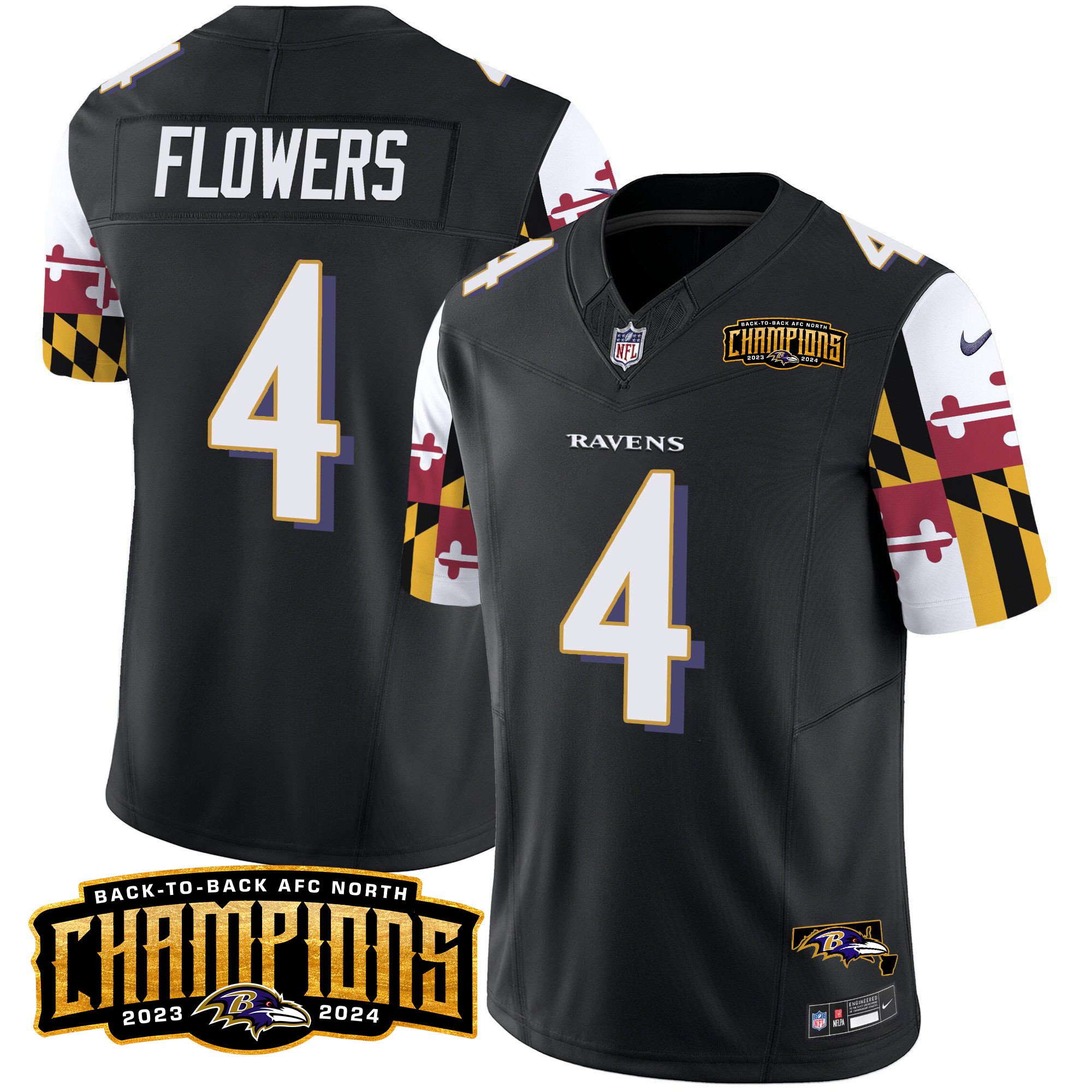 Men's Zay Flowers Baltimore Ravens Maryland Flag Back To Back AFC North Champions Patch Vapor Limited Black Jersey - All Stitched