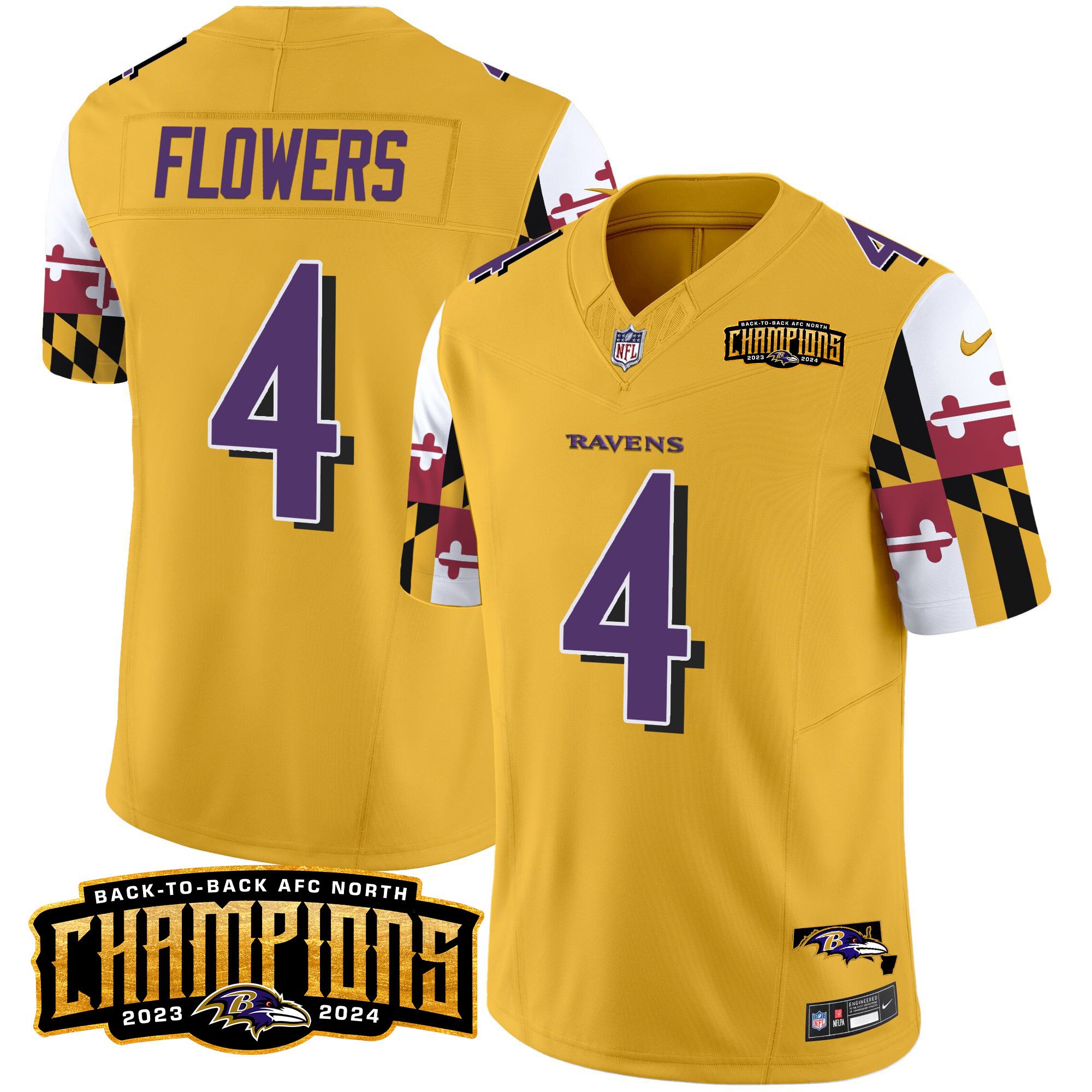 Men's Zay Flowers Baltimore Ravens Maryland Flag Back To Back AFC North Champions Patch Vapor Limited Gold Jersey - All Stitched