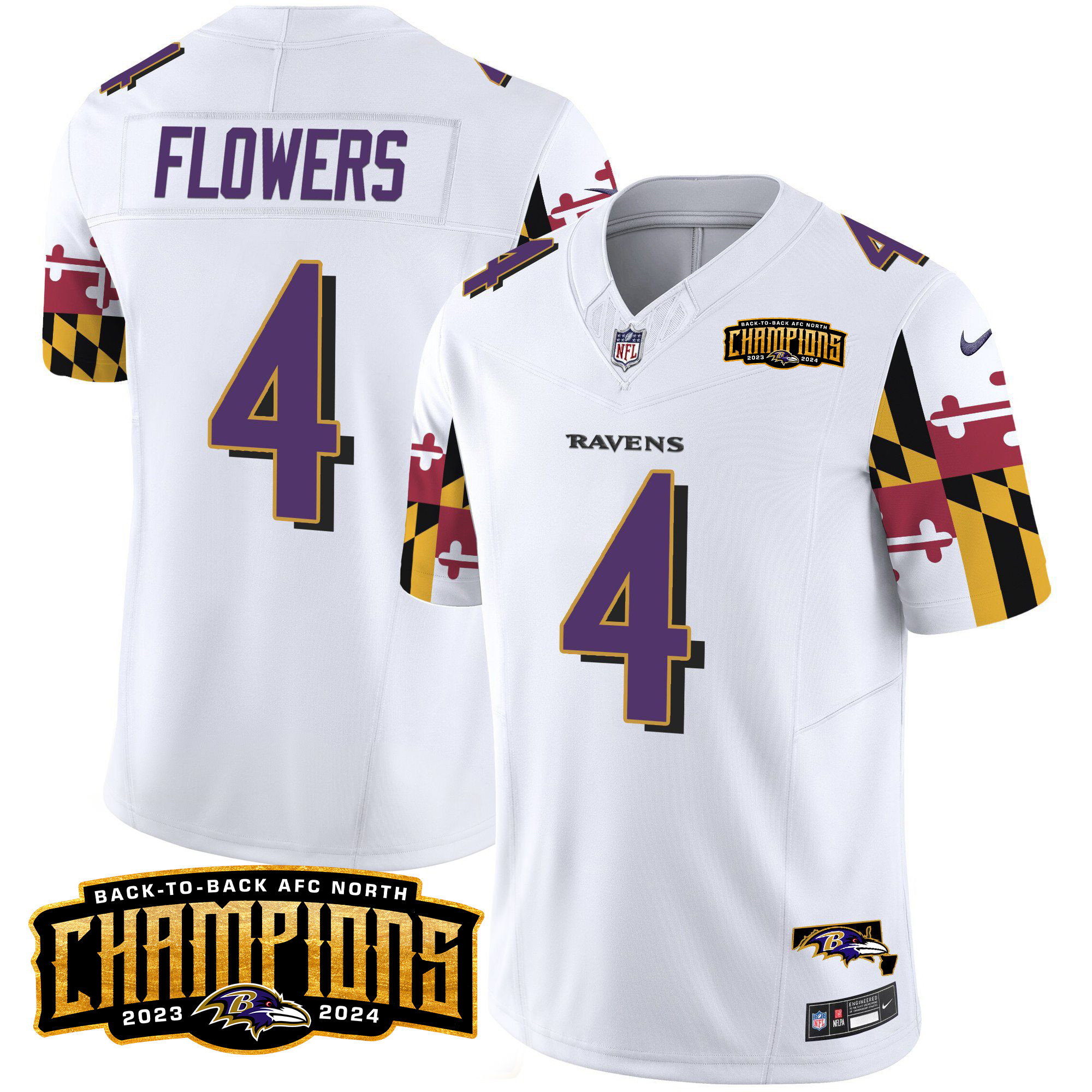 Men's Zay Flowers Baltimore Ravens Maryland Flag Back To Back AFC North Champions Patch Vapor Limited White Jersey - All Stitched