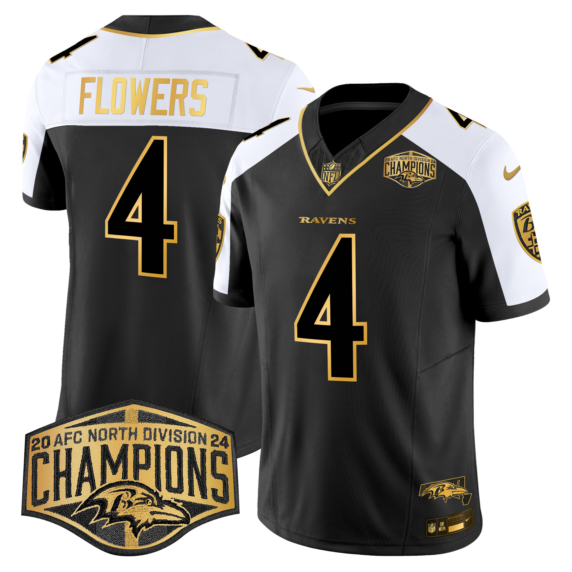 Men's Zay Flowers Baltimore Ravens Maryland Flag Map 2024 AFC North Division Champions Patch Gold Vapor Limited Alternate Jersey - All Stitched