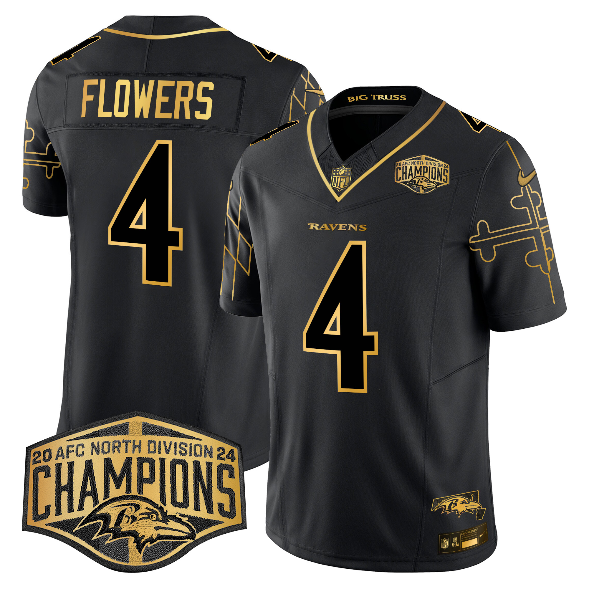 Men's Zay Flowers Baltimore Ravens Maryland Flag Map 2024 AFC North Division Champions Patch Gold Vapor Limited Black Gold Jersey - All Stitched