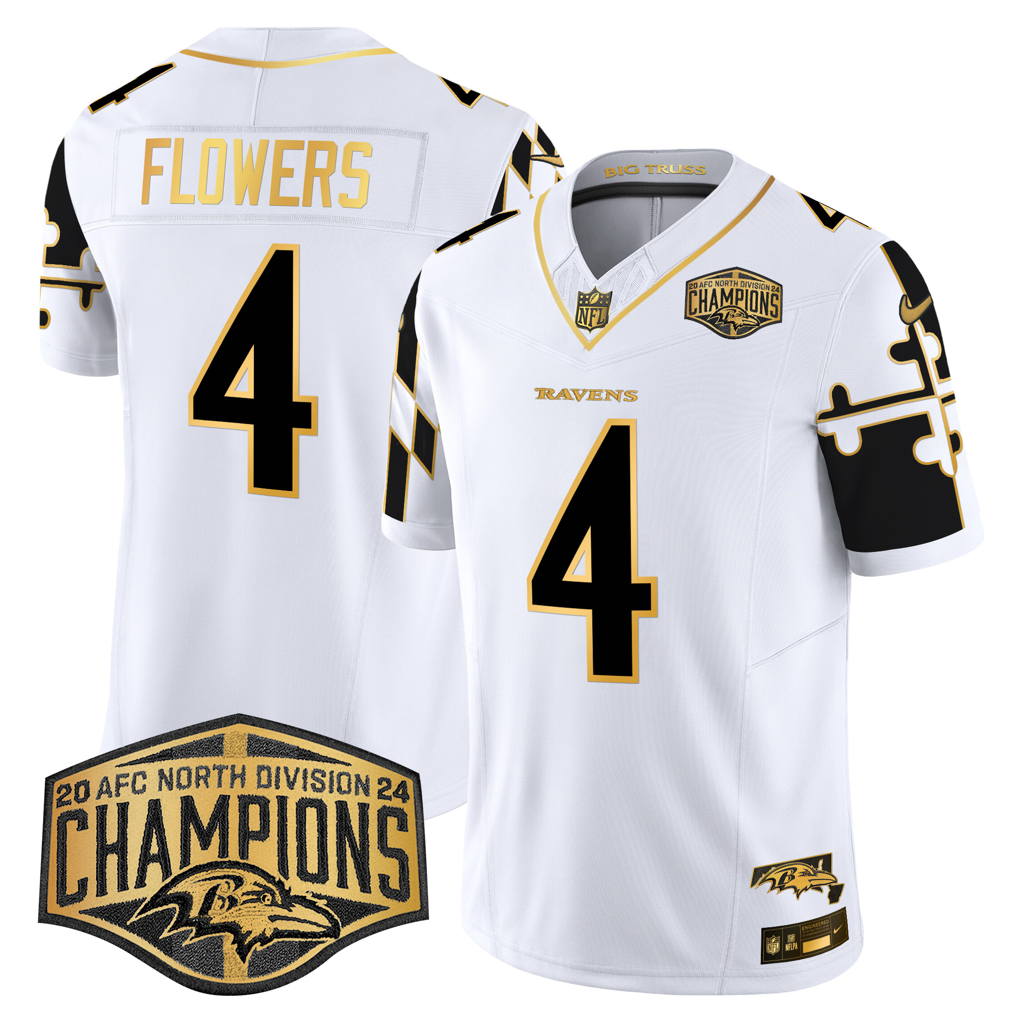 Men's Zay Flowers Baltimore Ravens Maryland Flag Map 2024 AFC North Division Champions Patch Gold Vapor Limited White Gold Jersey - All Stitched