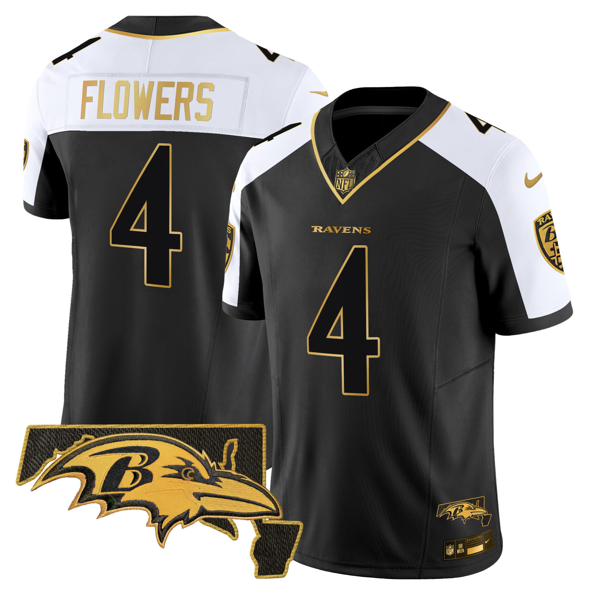 Men's Zay Flowers Baltimore Ravens Maryland Flag Map Patch Gold Vapor Limited Alternate Jersey - All Stitched