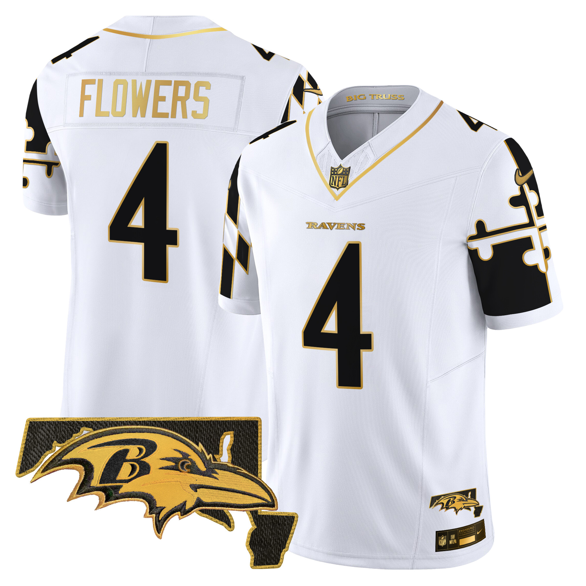 Men's Zay Flowers Baltimore Ravens Maryland Flag Map Patch Gold Vapor Limited White Gold Jersey - All Stitched