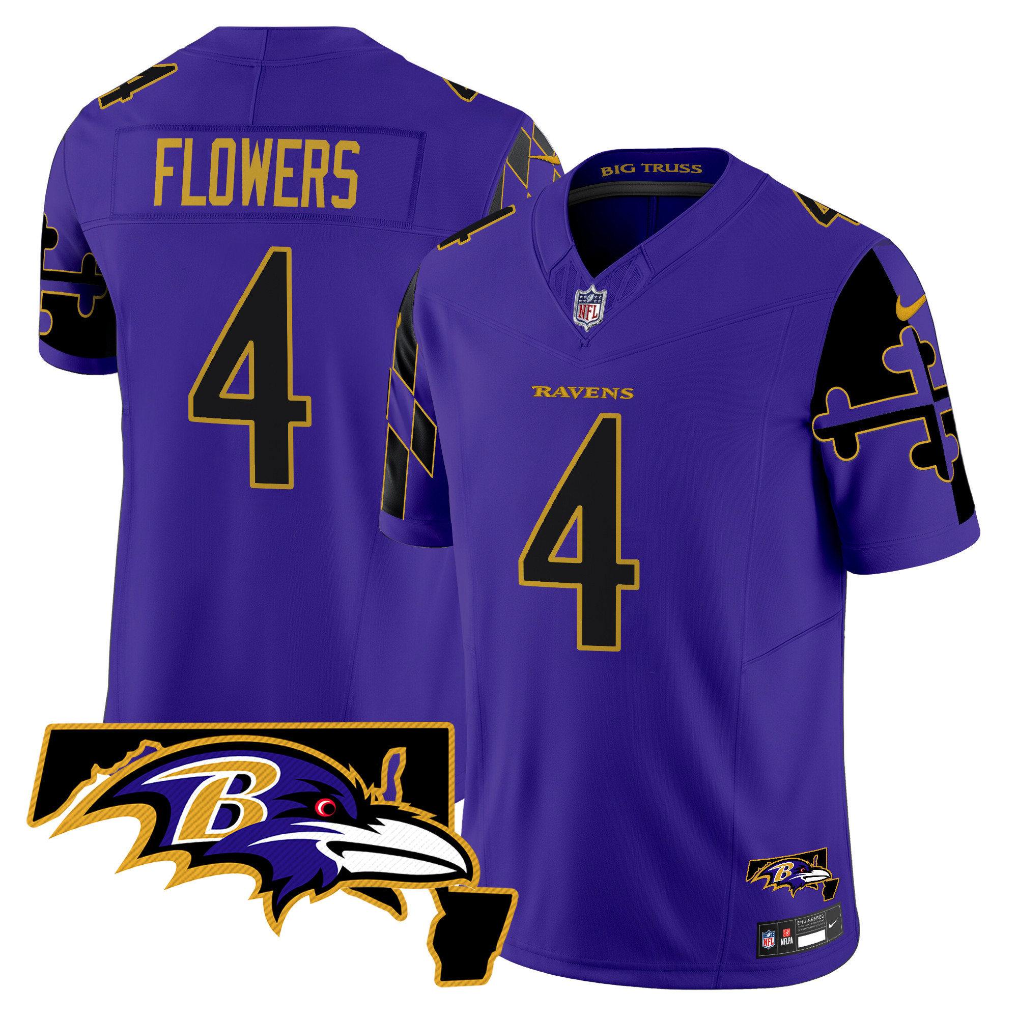 Men's Zay Flowers Baltimore Ravens Maryland Flag Map Patch Vapor Limited Purple Limited Jersey - All Stitched