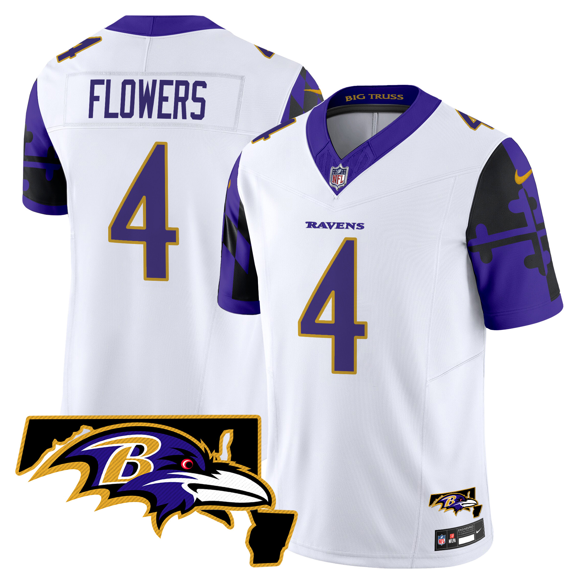 Men's Zay Flowers Baltimore Ravens Maryland Flag Map Patch Vapor Limited White Jersey - All Stitched