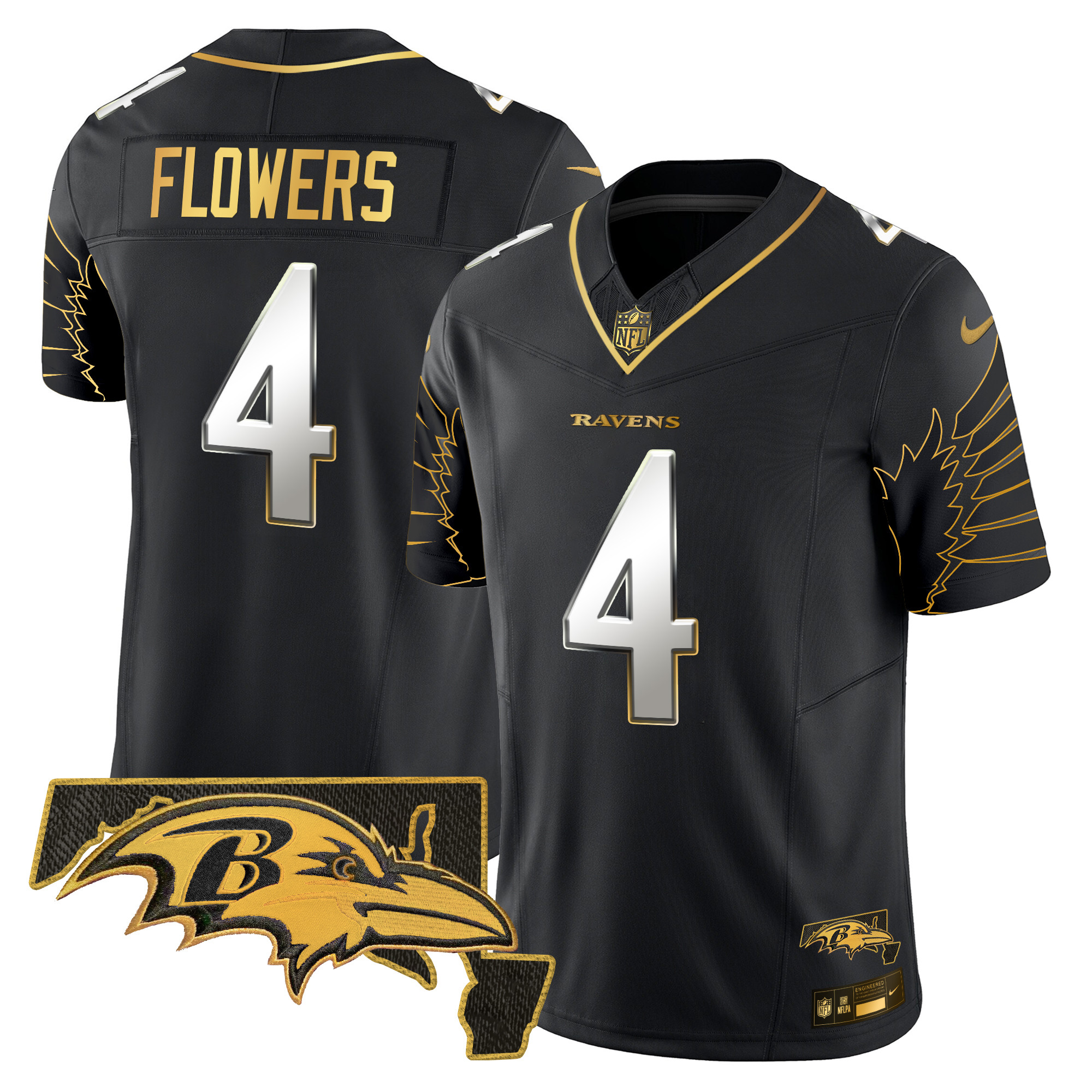 Men's Zay Flowers Baltimore Ravens Maryland Patch Gold Vapor Limited Black Limited Jersey - All Stitched