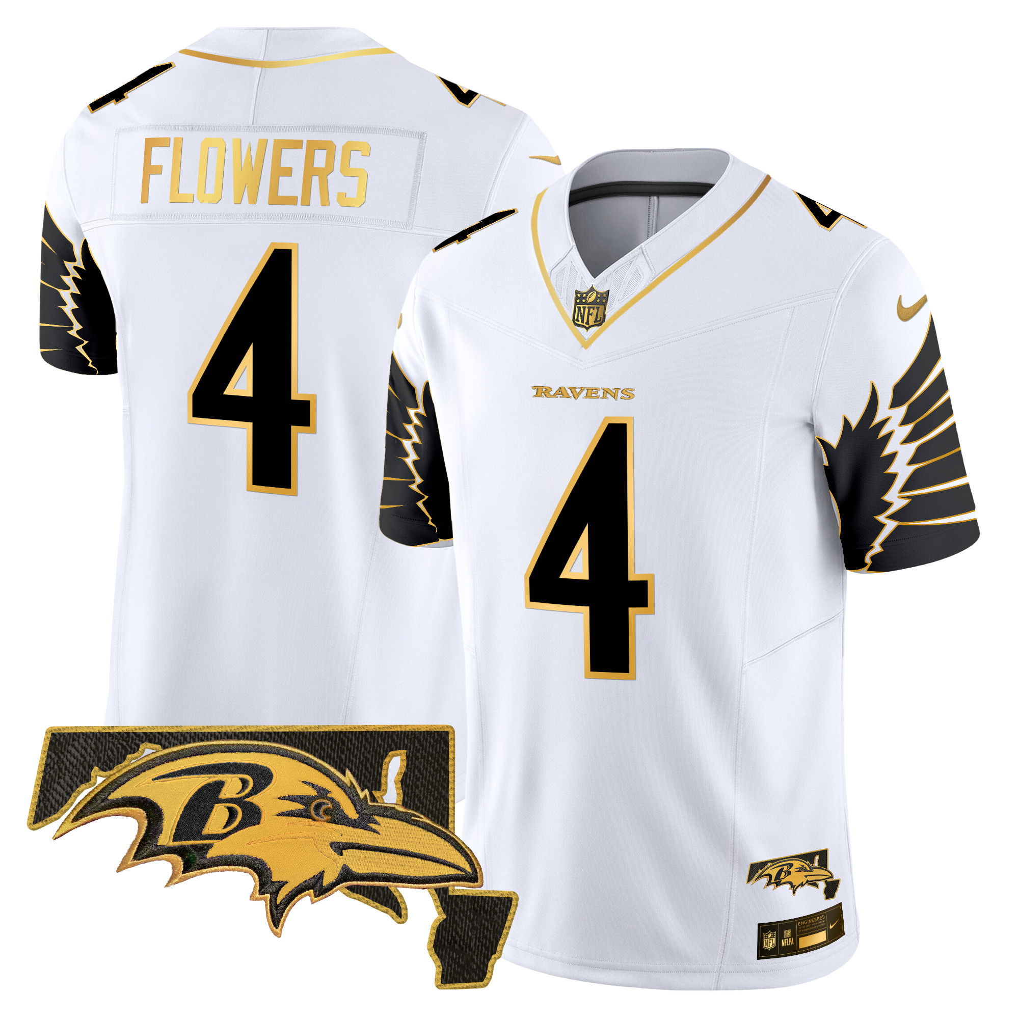 Men's Zay Flowers Baltimore Ravens Maryland Patch Gold Vapor Limited White Gold Jersey - All Stitched