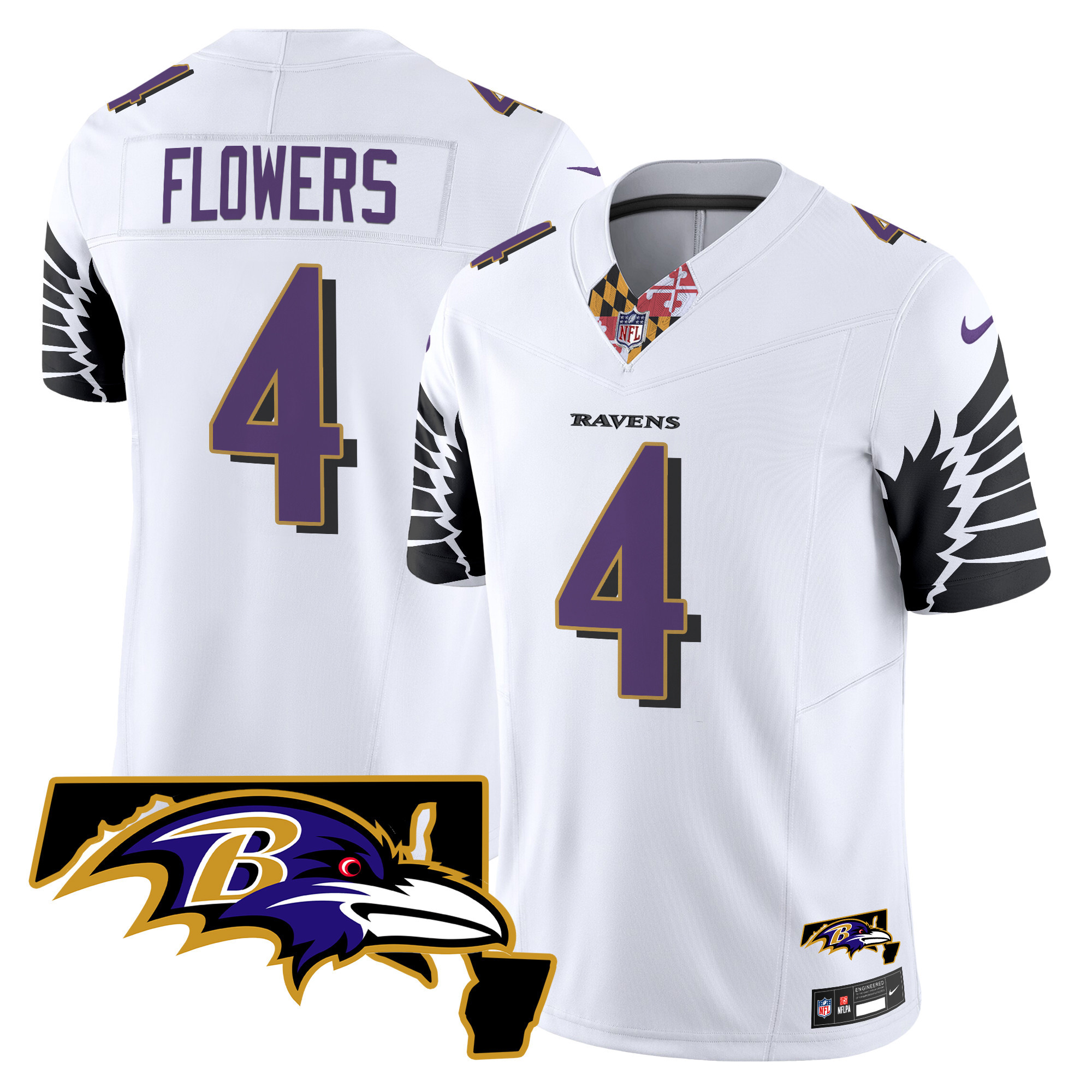 Men's Zay Flowers Baltimore Ravens Maryland Patch Vapor Limited White Jersey - All Stitched