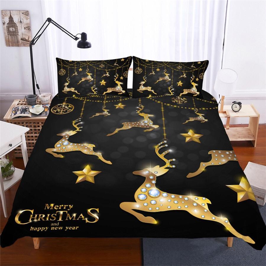 Merry Christmas Golden Reindeers 3D Customized Duvet Cover Bedding Set