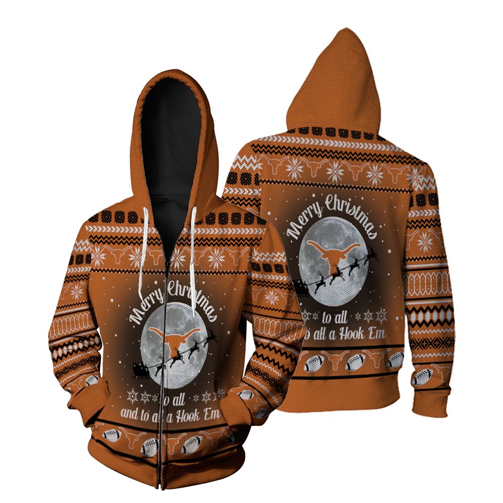 Merry Christmas To All And To All A Hook Em Texas Longhorns Christmas Zip Hoodie