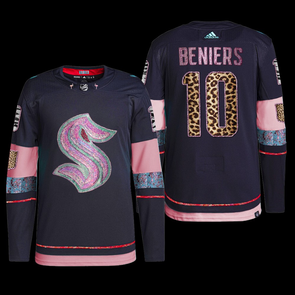 MGK Leopard Print Seattle Kraken Matty Beniers Jersey Diamond Limited Navy #10 Uniform