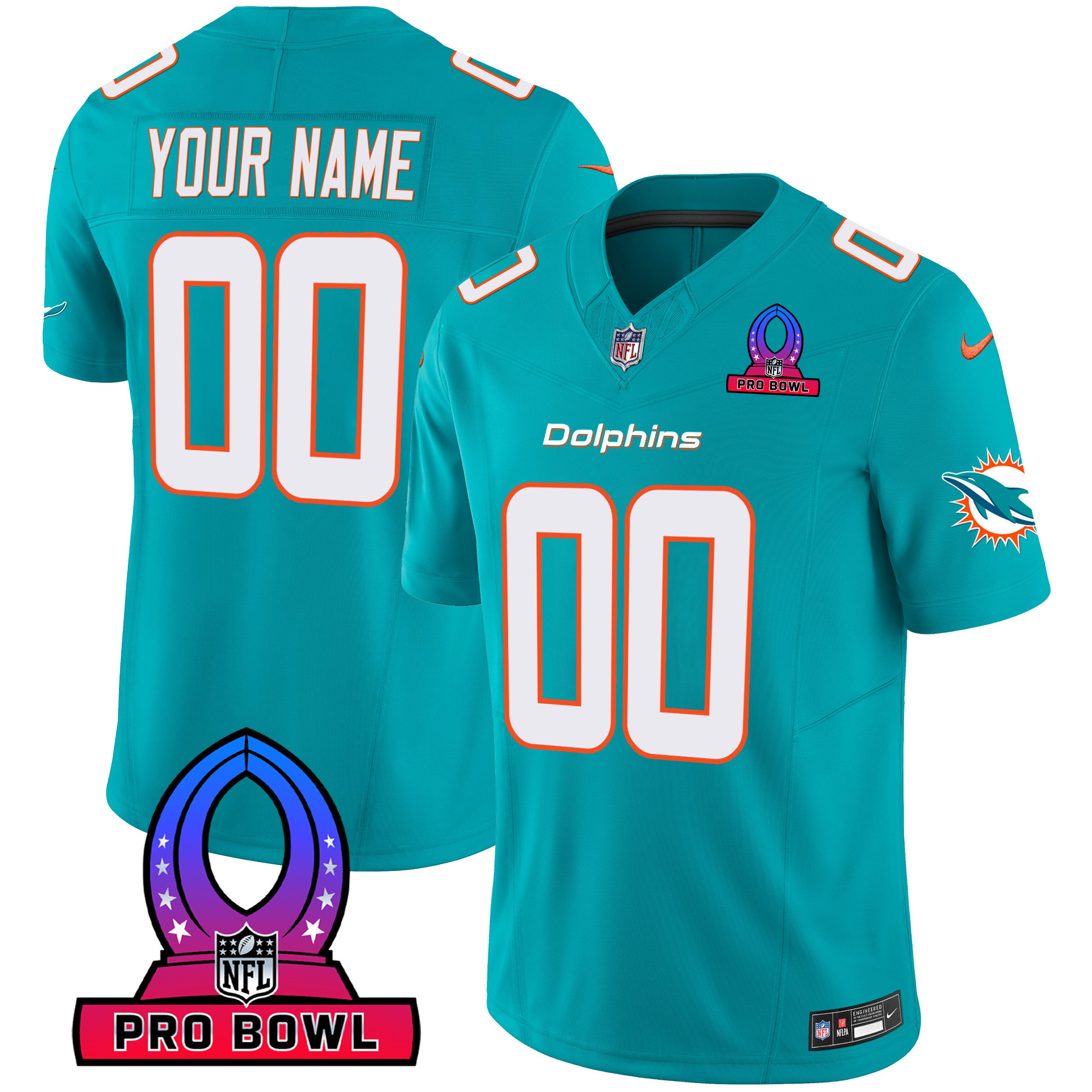 Miami Dolphins 2024 Pro Bowl Patch Vapor Custom Aqua Jersey - All Stitched 