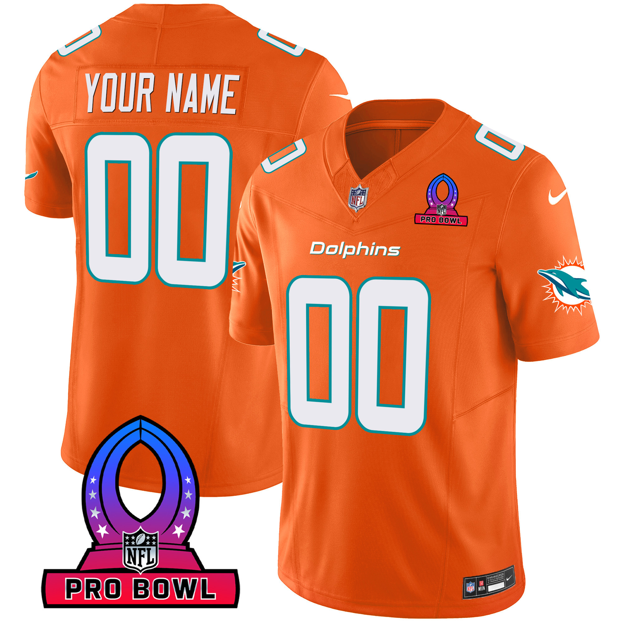 Miami Dolphins 2024 Pro Bowl Patch Vapor Custom Orange Jersey - All Stitched 