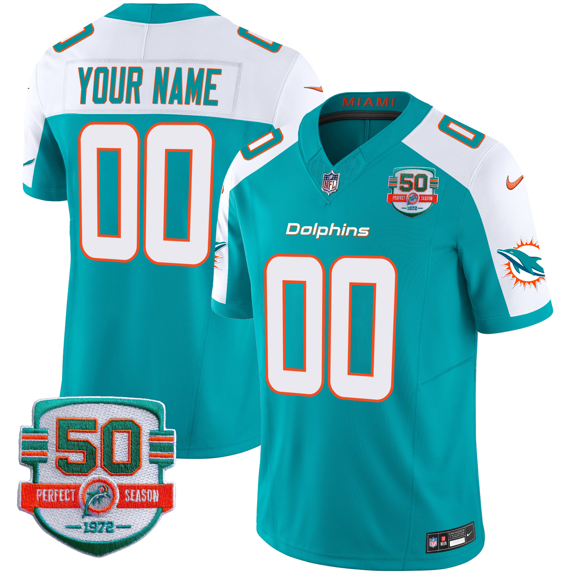 Miami Dolphins 50th 1972 Perfect Season Patch Vapor Custom Aqua Alternate Jersey - All Stitched 