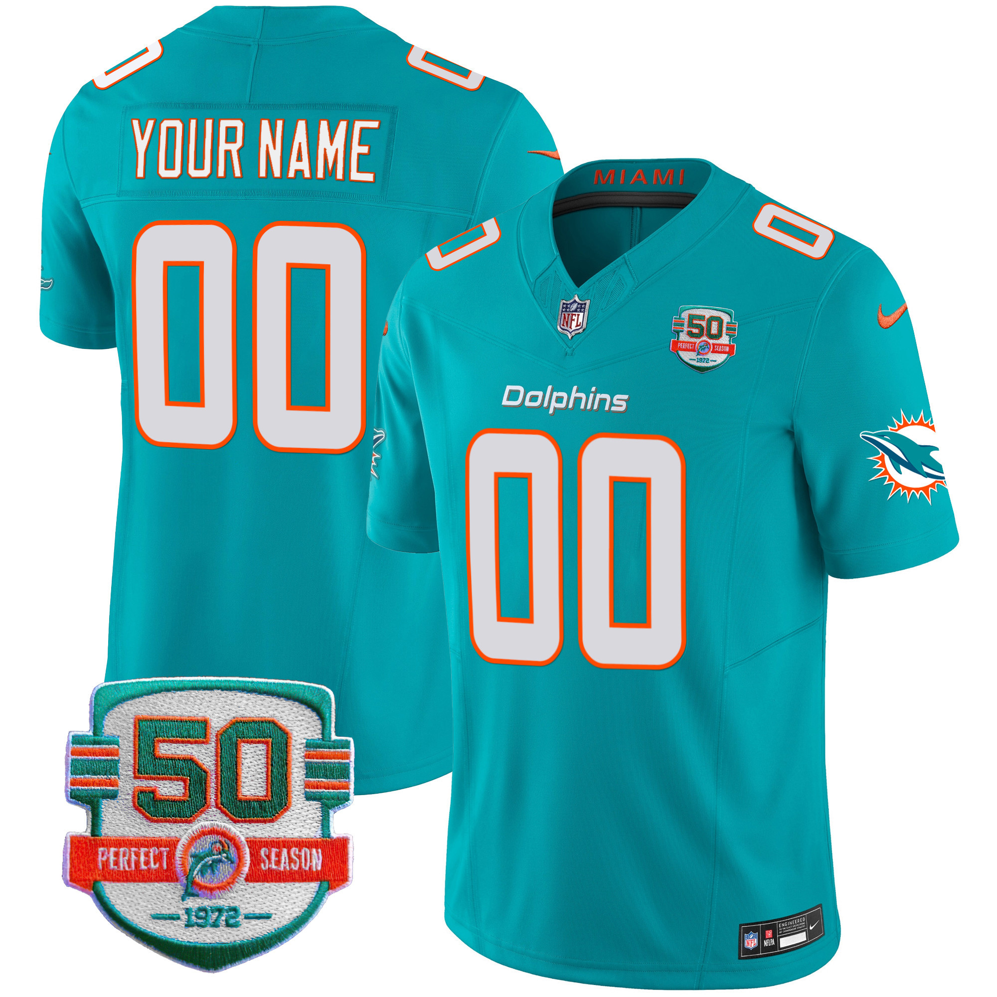 Miami Dolphins 50th 1972 Perfect Season Patch Vapor Custom Aqua Jersey - All Stitched 