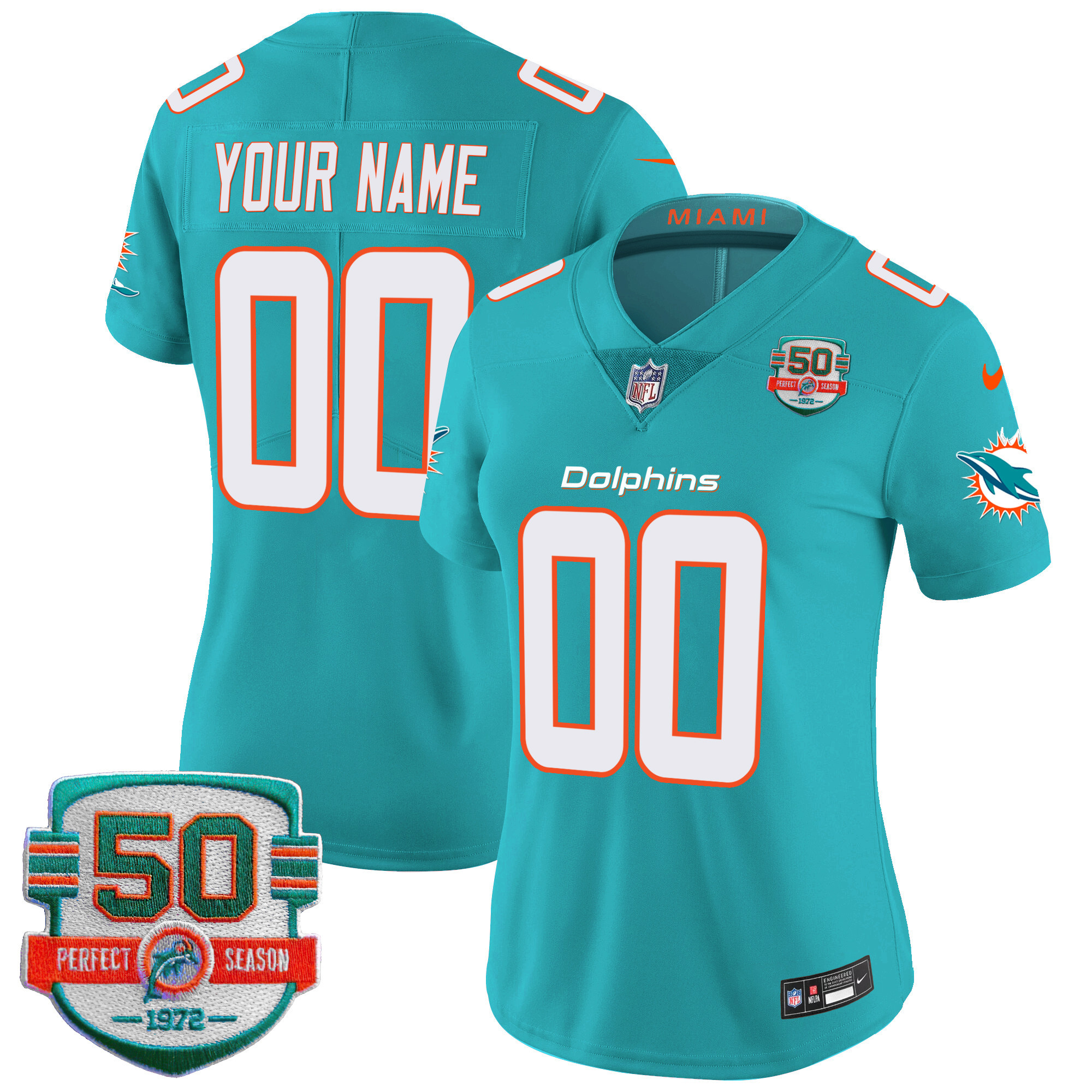 Miami Dolphins 50th 1972 Perfect Season Patch Vapor Custom Aqua Jersey - All Stitched 