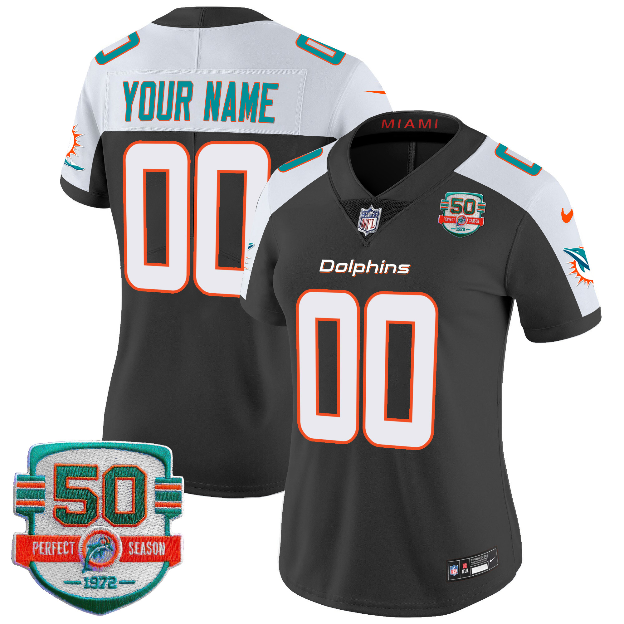 Miami Dolphins 50th 1972 Perfect Season Patch Vapor Custom Black Alternate Jersey - All Stitched 