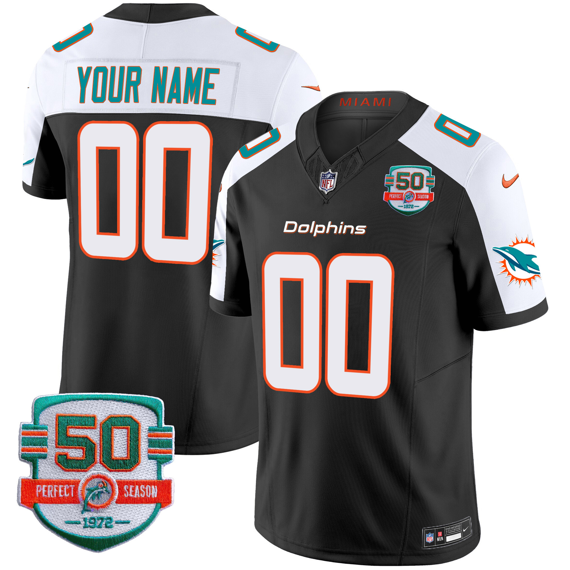 Miami Dolphins 50th 1972 Perfect Season Patch Vapor Custom Black Alternate Jersey - All Stitched 