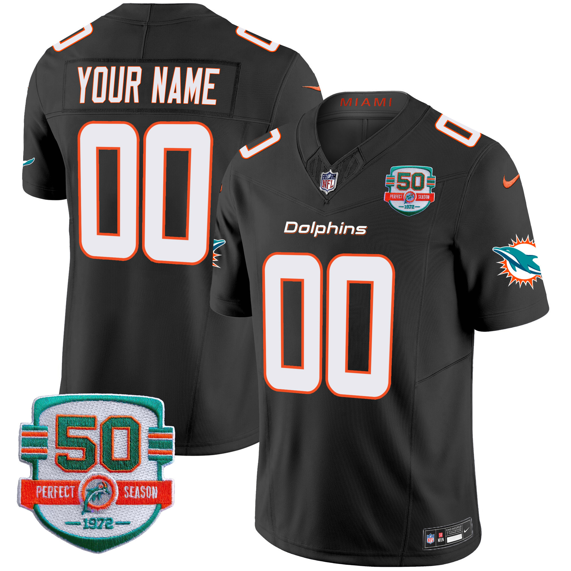 Miami Dolphins 50th 1972 Perfect Season Patch Vapor Custom Black Jersey - All Stitched 
